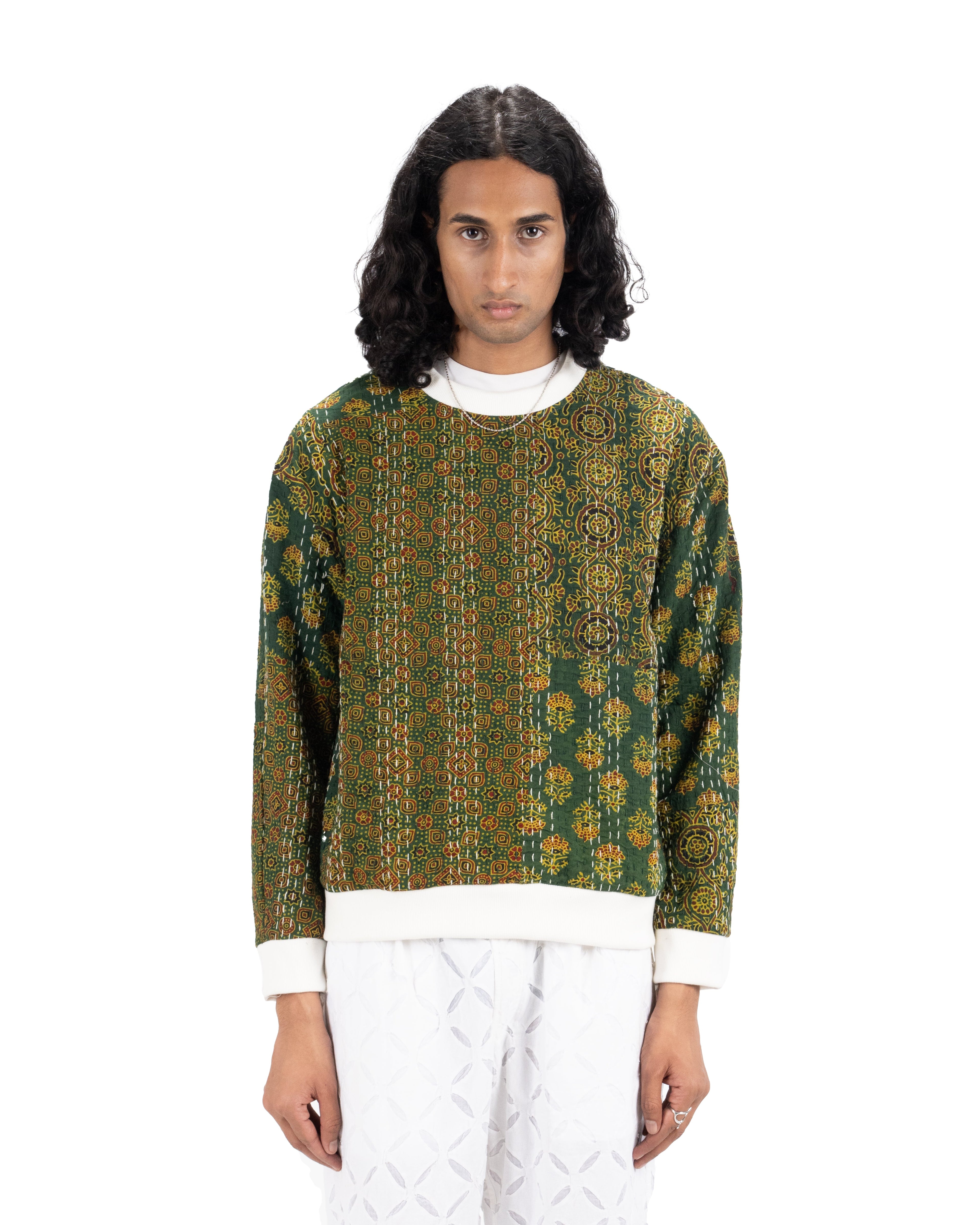 GREEN AJRAKH PATCHWORK SWEATSHIRT - Hindostan Archive