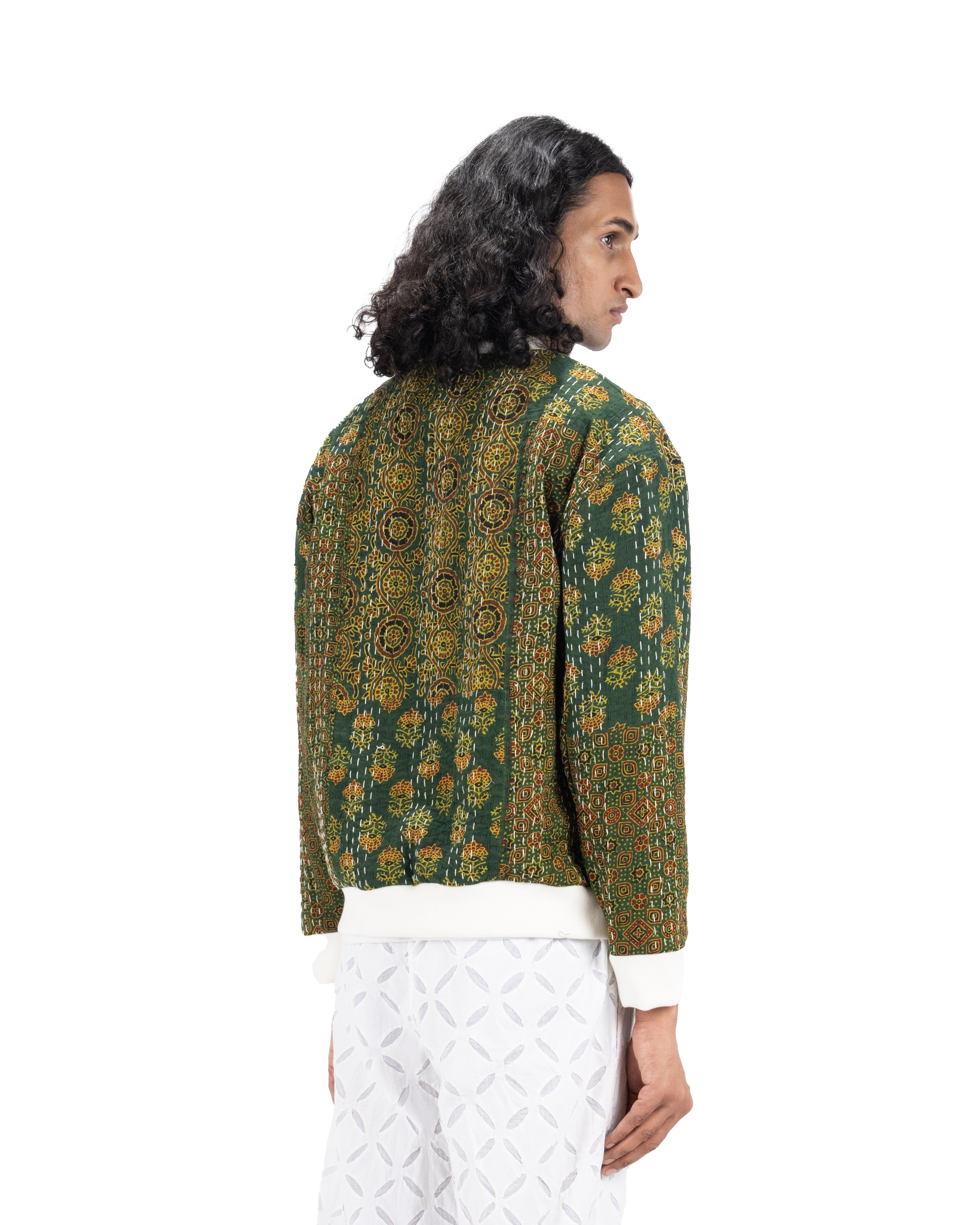 GREEN AJRAKH PATCHWORK SWEATSHIRT - Hindostan Archive