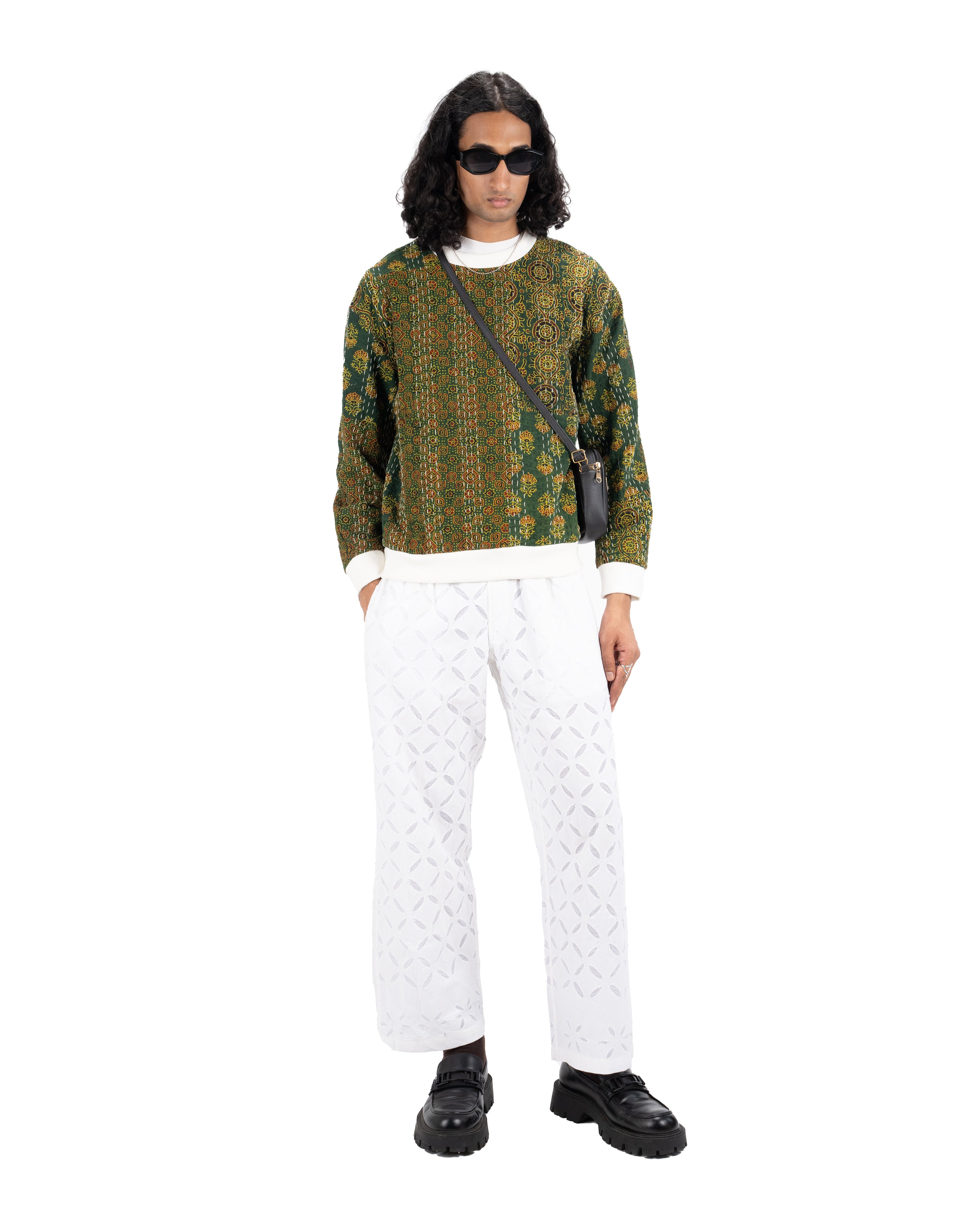 GREEN AJRAKH PATCHWORK SWEATSHIRT - Hindostan Archive