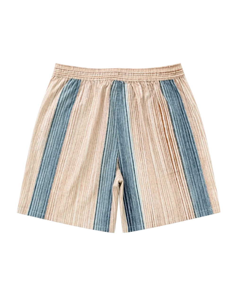 Beige and blue striped shorts on a white background
