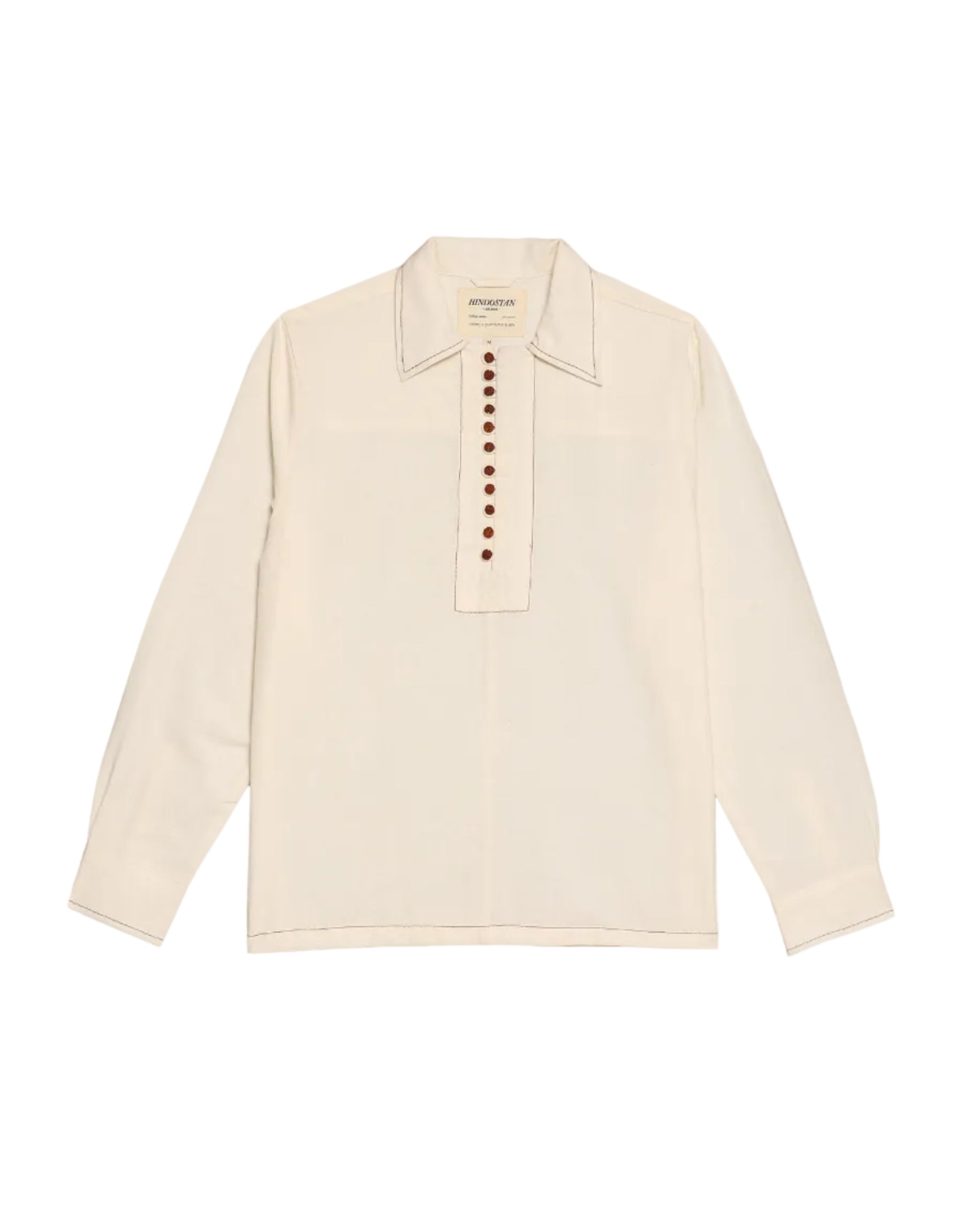 Beige shirt with button details on a white background