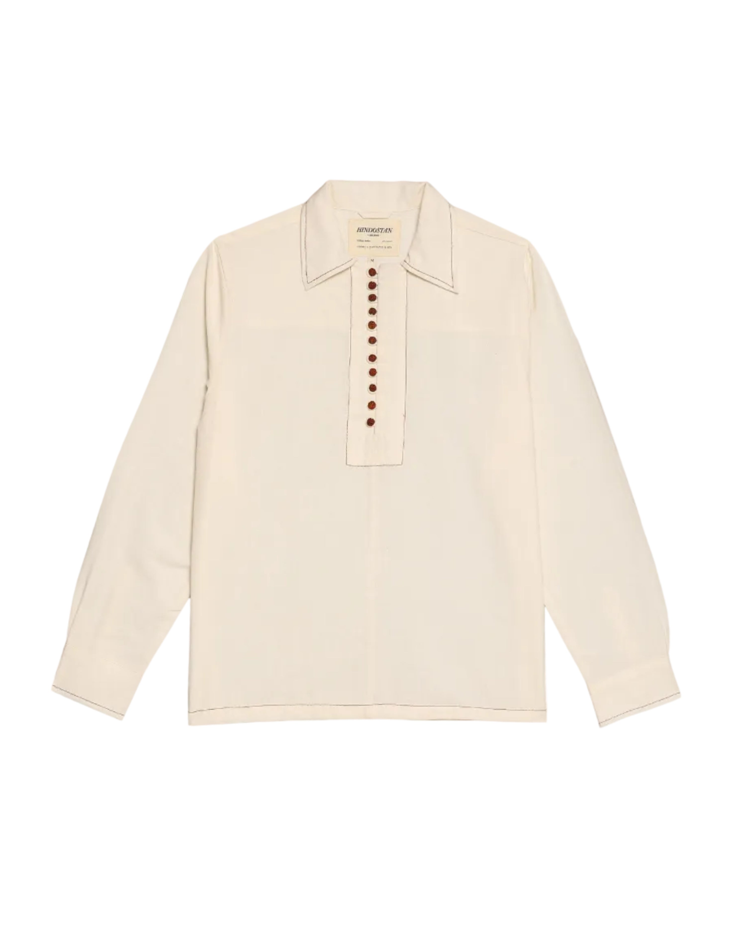 Beige shirt with button details on a white background