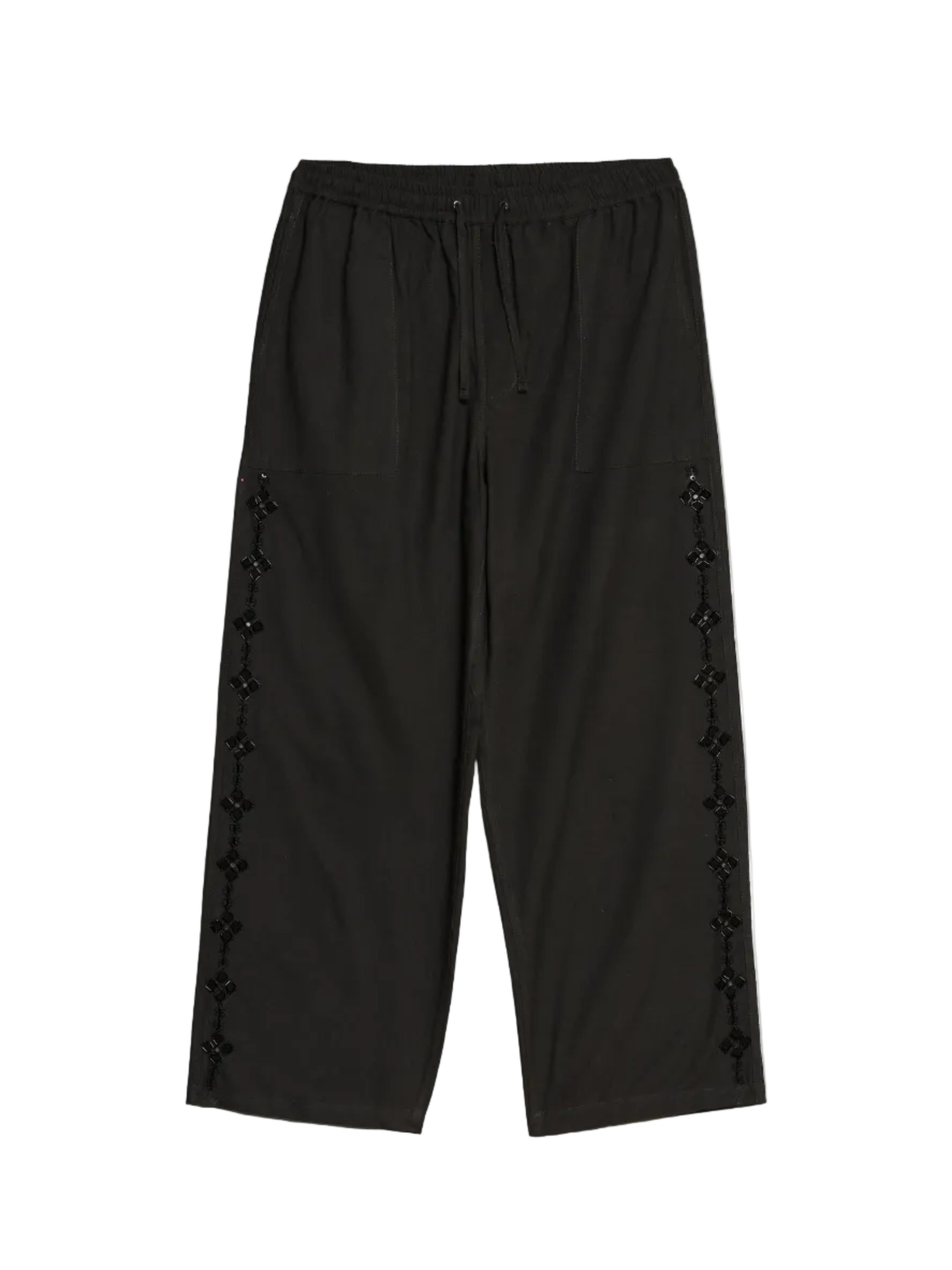 Black wide-leg cropped pants with decorative black beaded fringe running down the outer sides of both legs, shown flat against a white background.