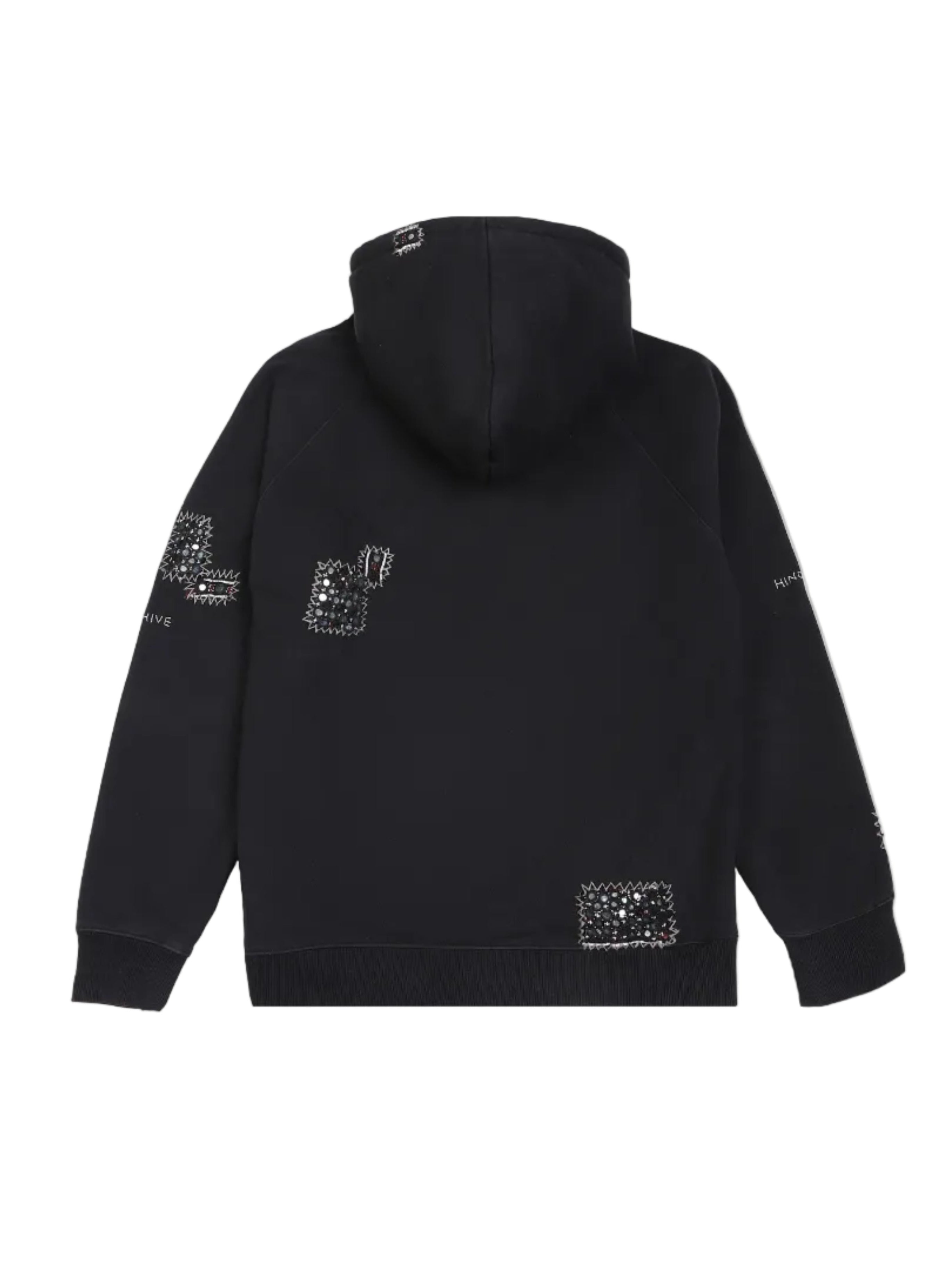 Black hoodie with patterned designs on sleeves and back against a white background