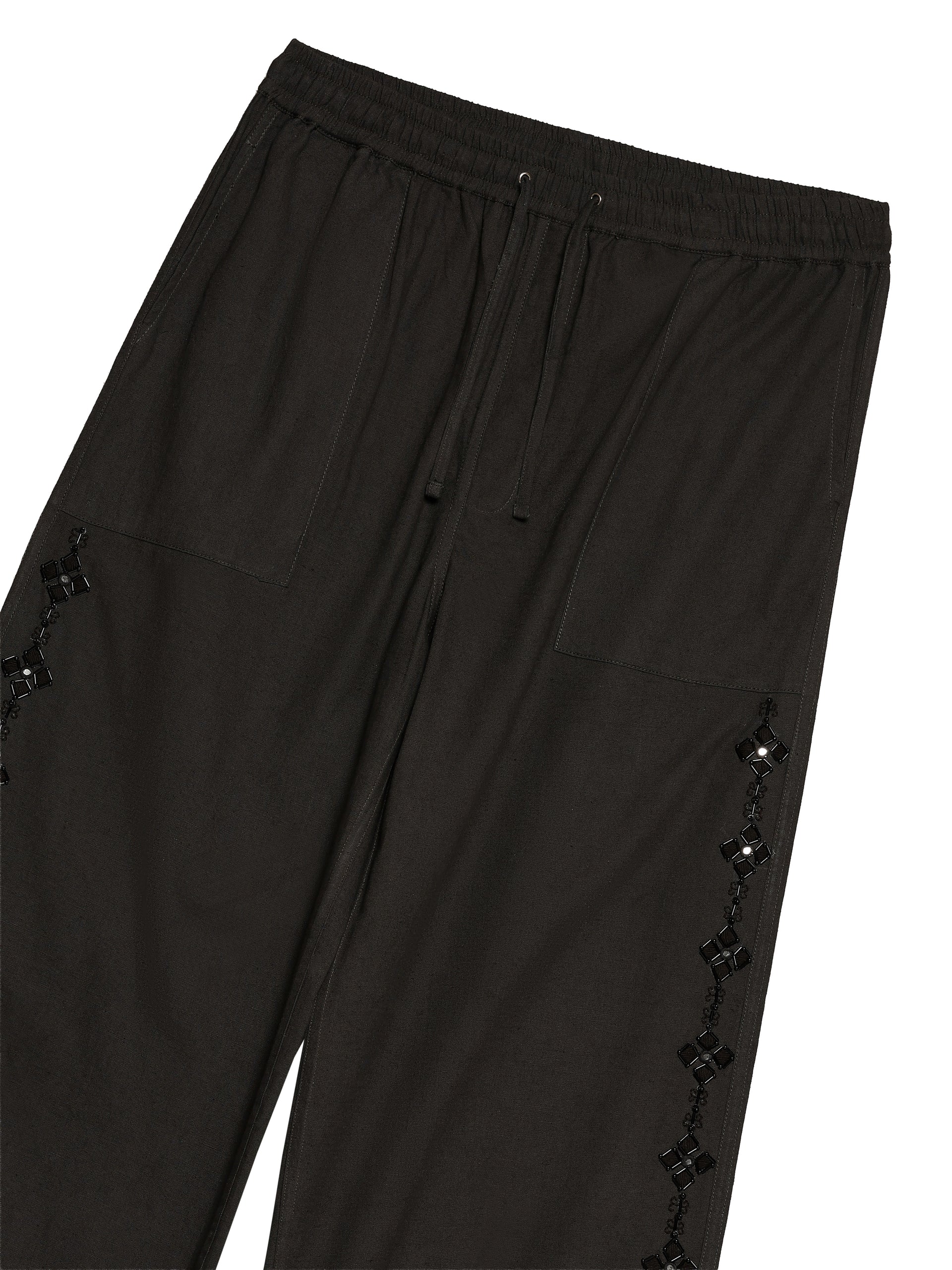 BLACK LINEN HAND-EMBROIDERED TROUSERS
