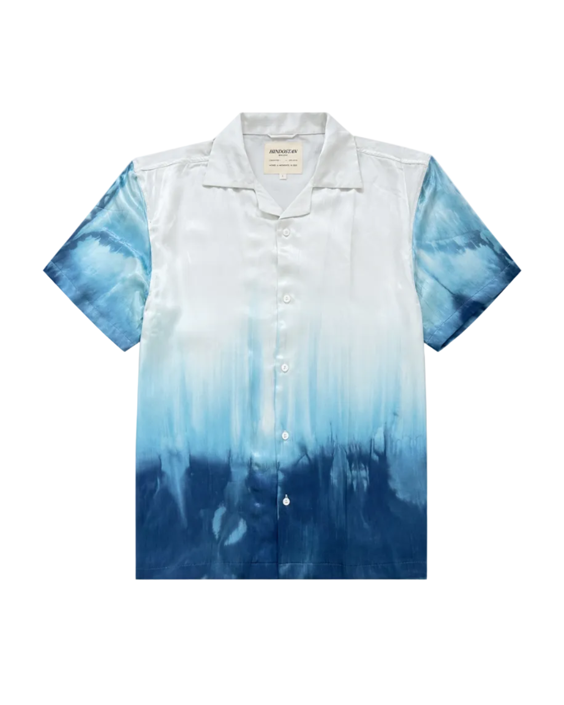 Short-sleeve shirt with blue and white tie-dye pattern on a white background