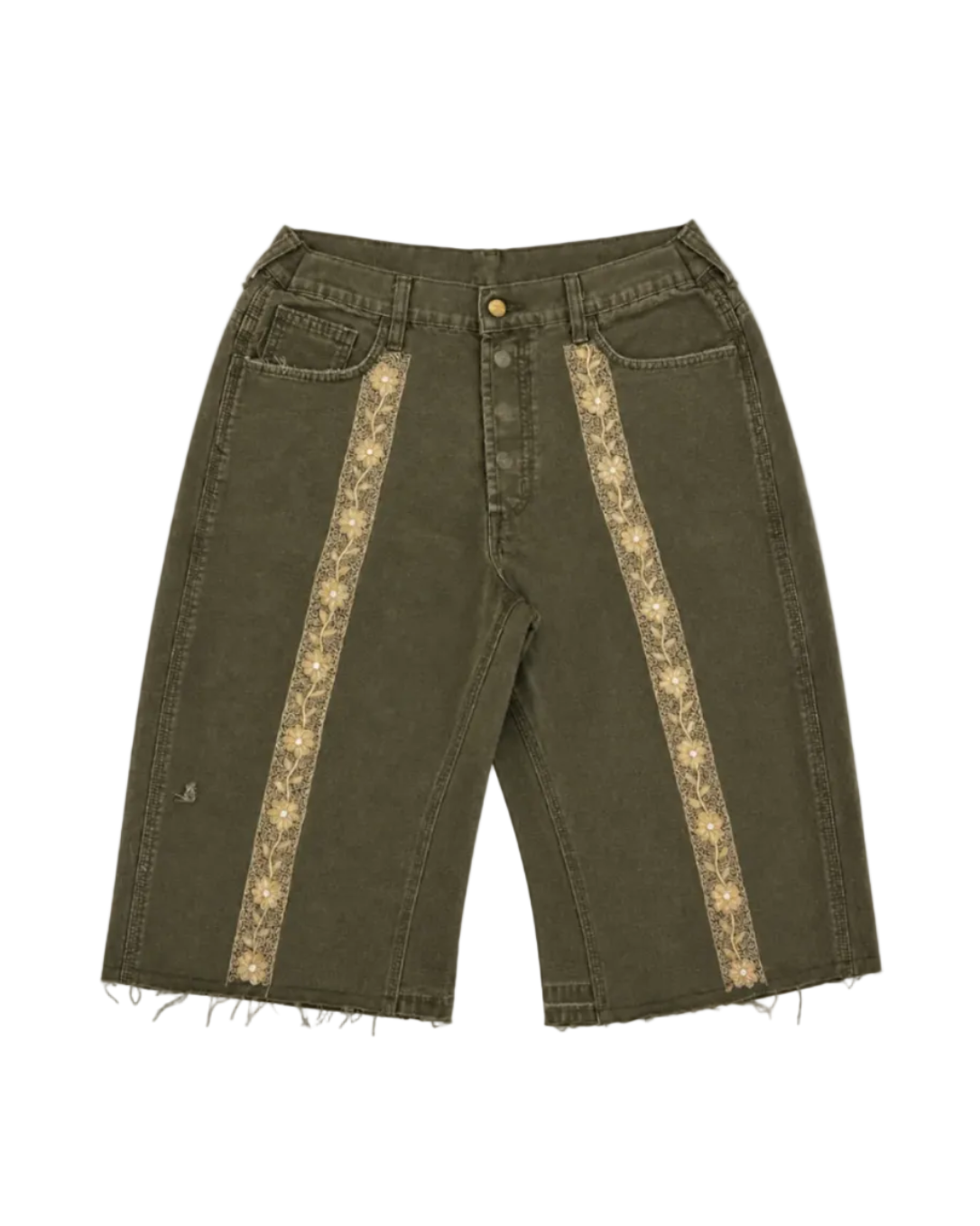 Green pants with lace trim on a white background