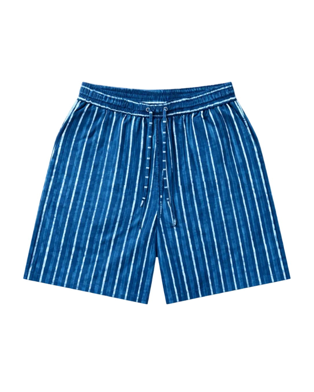 Blue pinstripe shorts on a white background