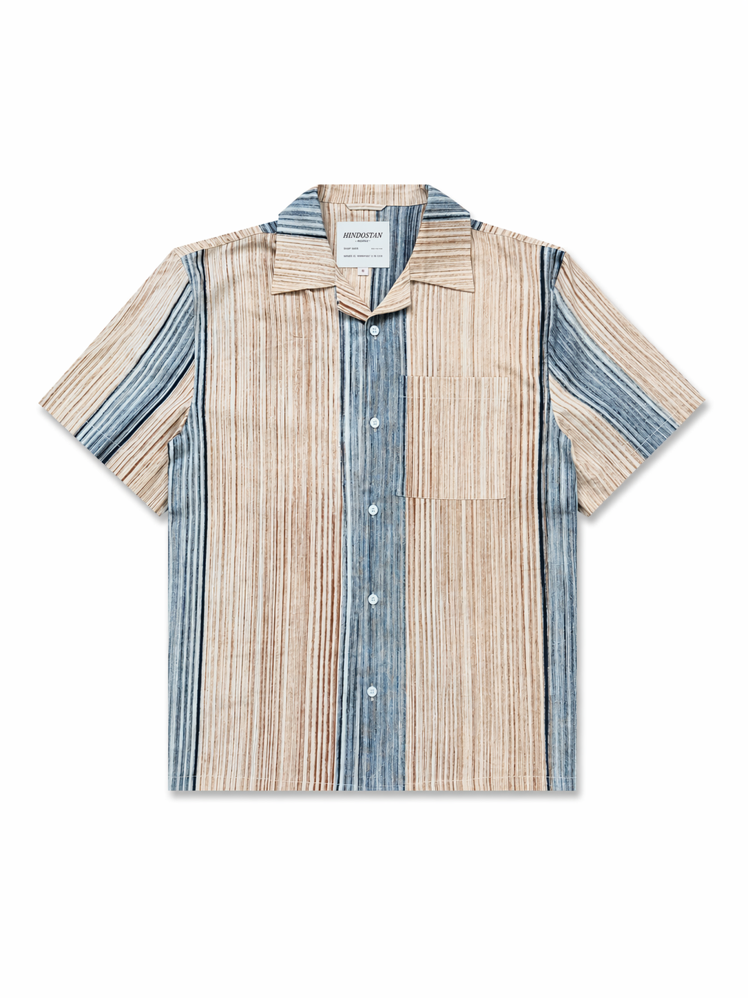 Beige and blue striped short-sleeve shirt on a white background