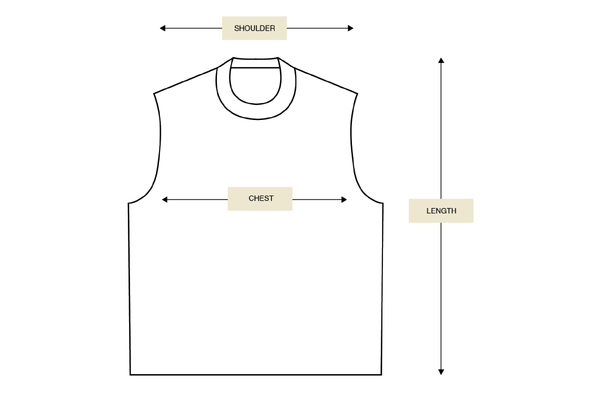 Size guide for tank tops with measurements on a white background