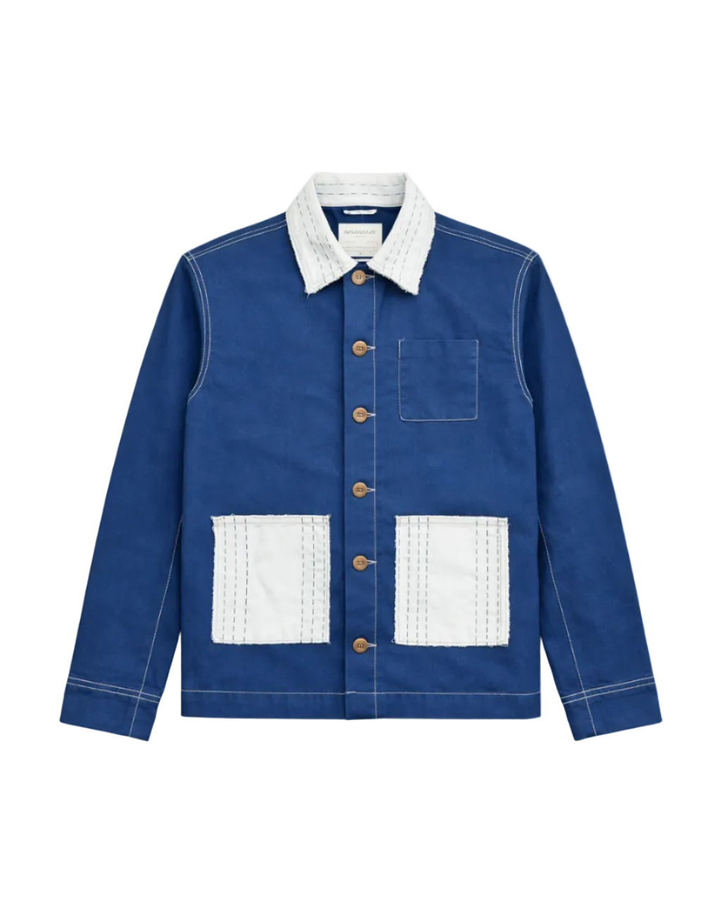 Blue jacket with white collar and patch pockets on a white background