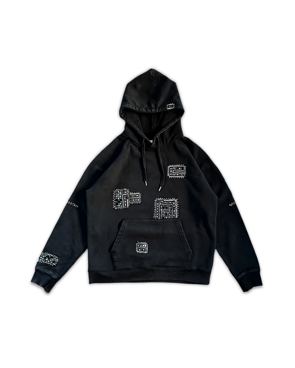 Black hoodie with white patterns on a white background