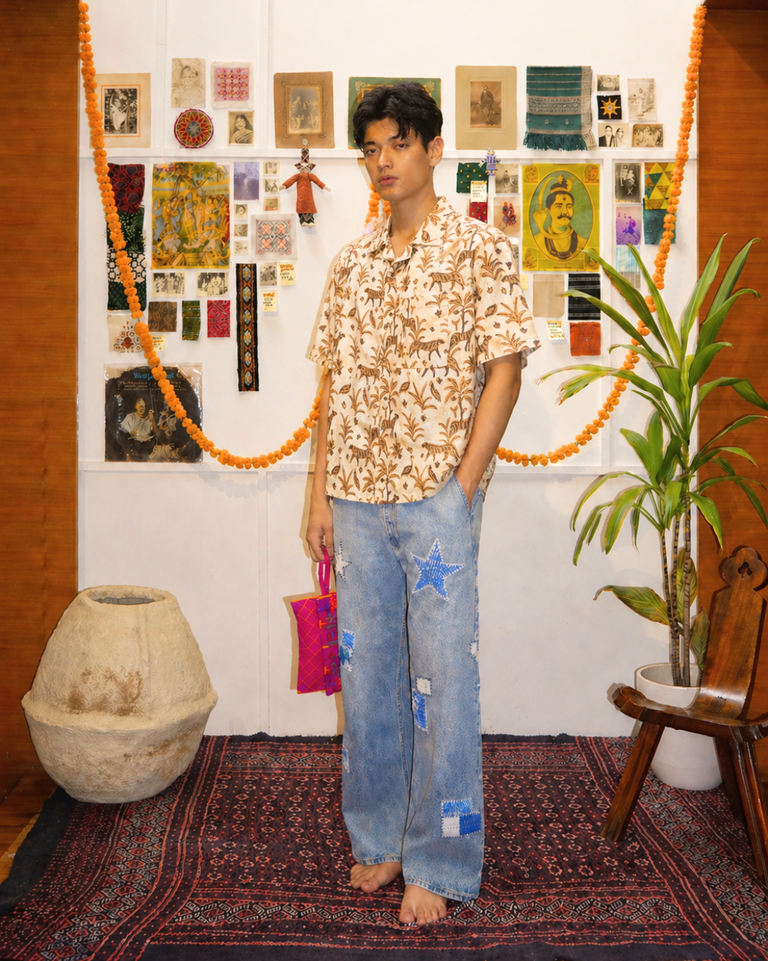 Model wearing Baagh Ajrakh tiger print hand block printed natural dyed camp shirt – Indian handloom artisan menswear by Hindostan Archive