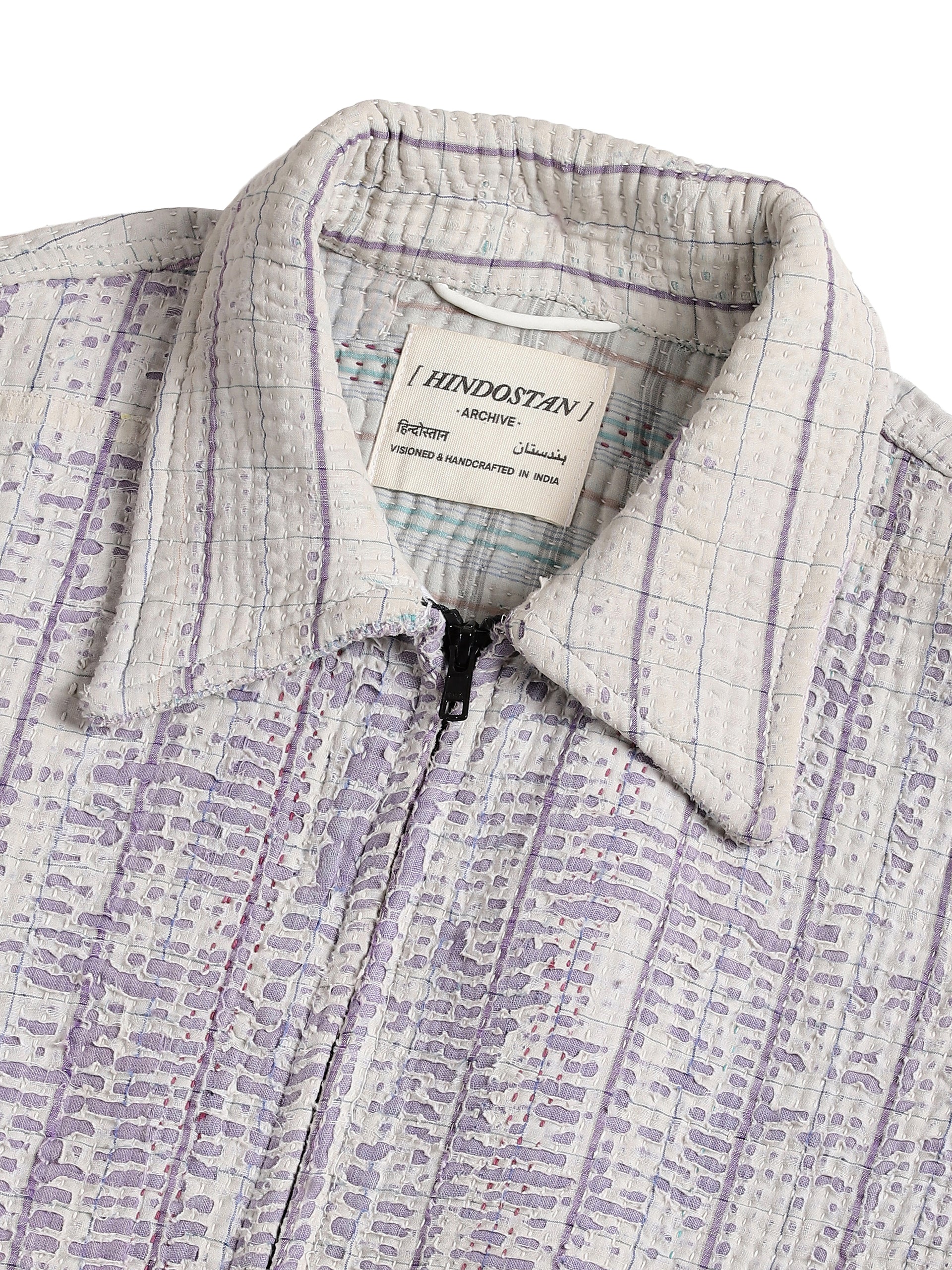 Badal vintage Kantha jacket collar and label detail – handwoven Indian handloom artisan menswear by Hindostan Archive