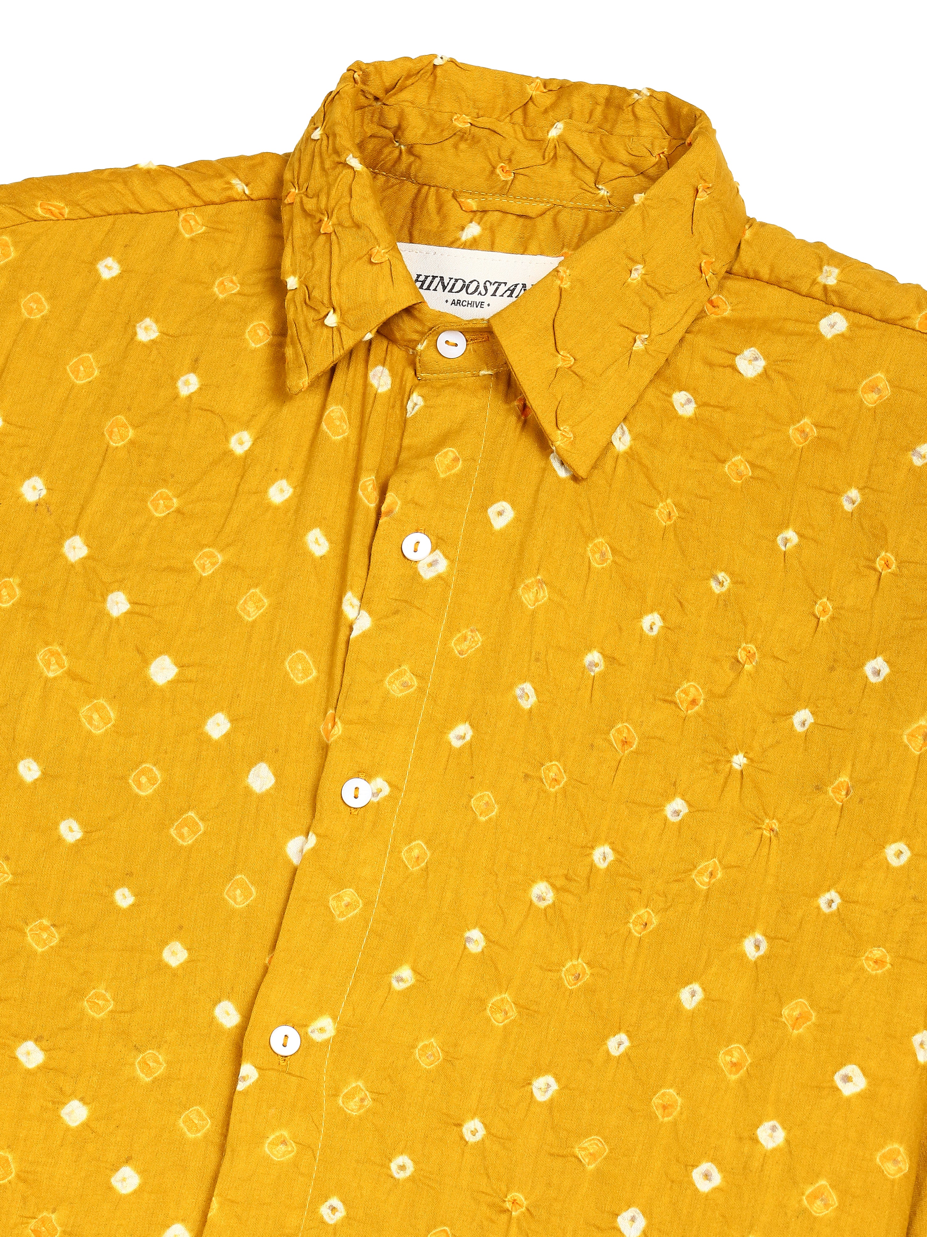 Bandhani mustard cotton shirt close-up collar and print detail – hand block printed natural dyed artisan menswear by Hindostan Archive