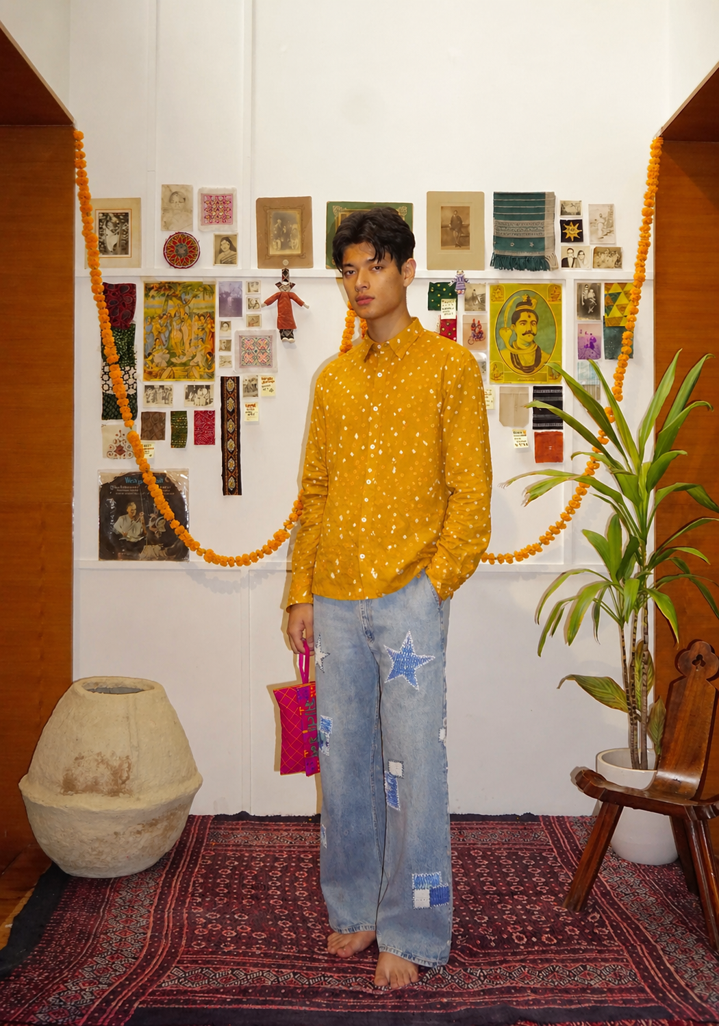 Model wearing Bandhani mustard cotton shirt full body lifestyle shot – Indian handloom natural dyed clothing by Hindostan Archive