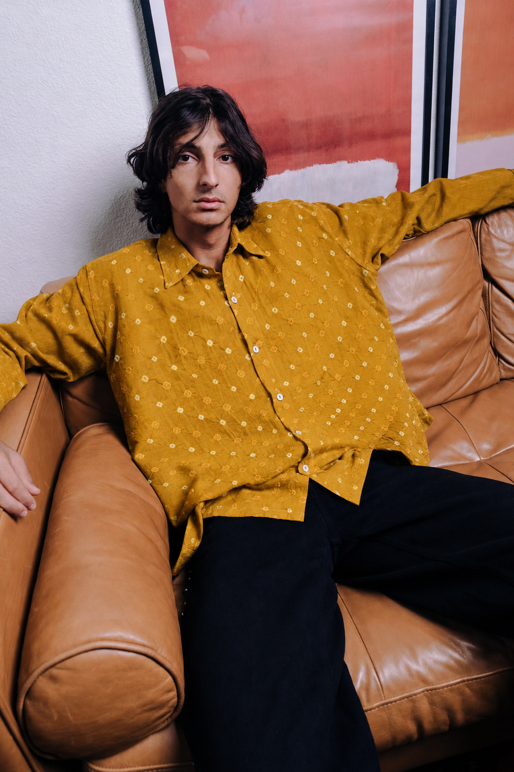 Model wearing Bandhani mustard cotton shirt – hand block printed natural dyed artisan menswear Indian handloom clothing by Hindostan Archive
