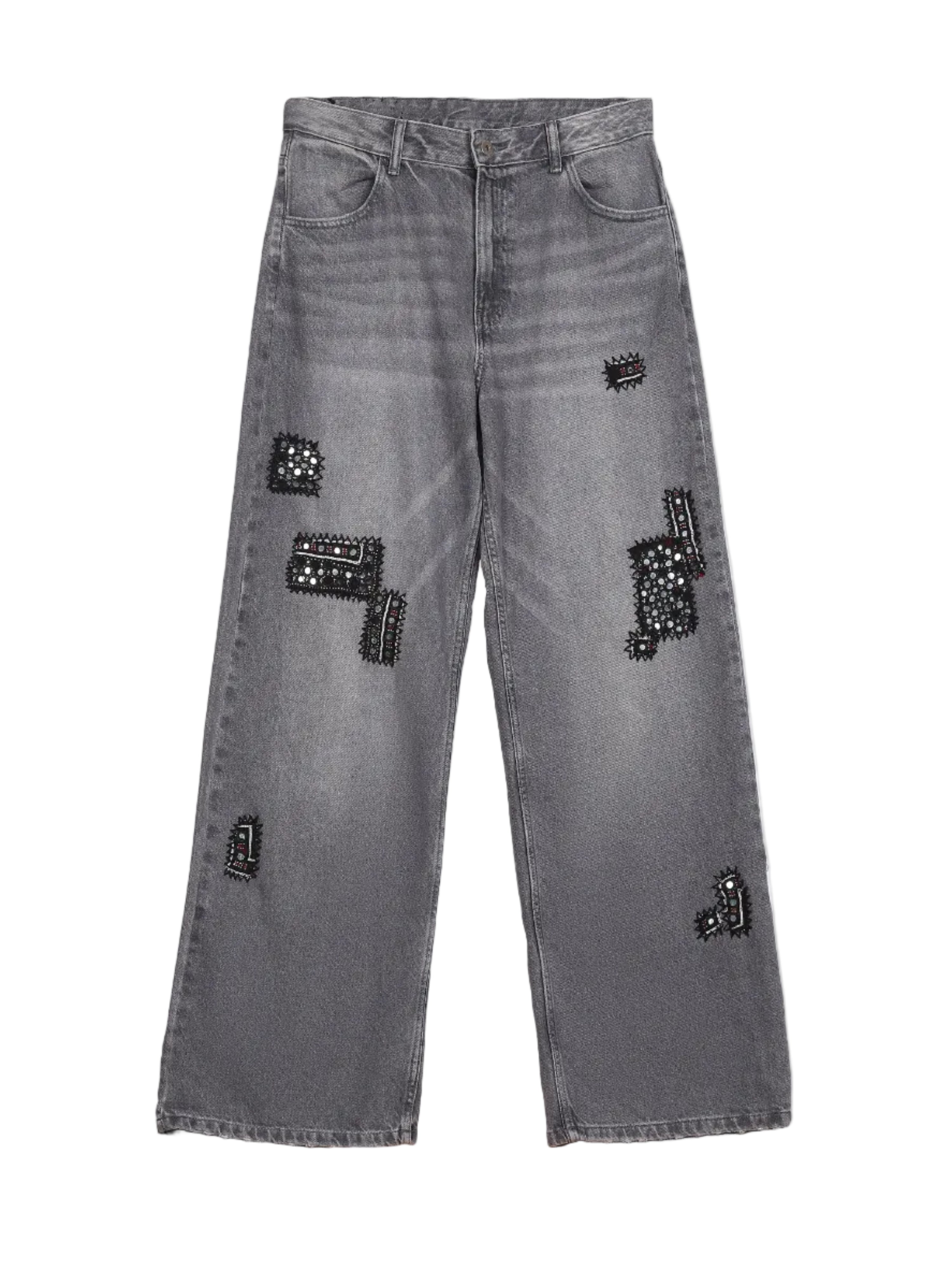 Banjara patchwork jeans front view with hand-embroidered patches – vintage denim artisan menswear Indian handloom by Hindostan Archive