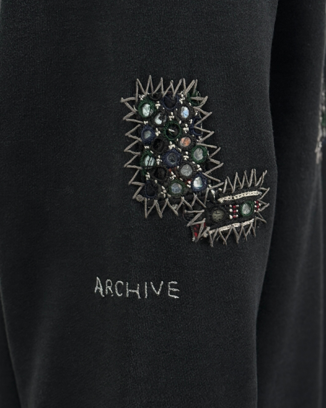 Banjara vintage hoodie Archive beadwork embroidery detail – artisan menswear Indian handloom Kantha jackets by Hindostan Archive