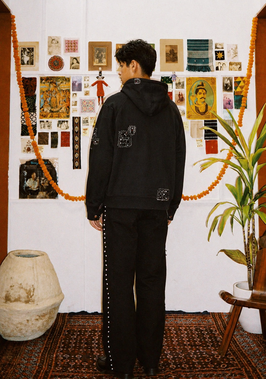 Banjara vintage hoodie back view lifestyle shot – artisan menswear Indian handloom Kantha jackets by Hindostan Archive