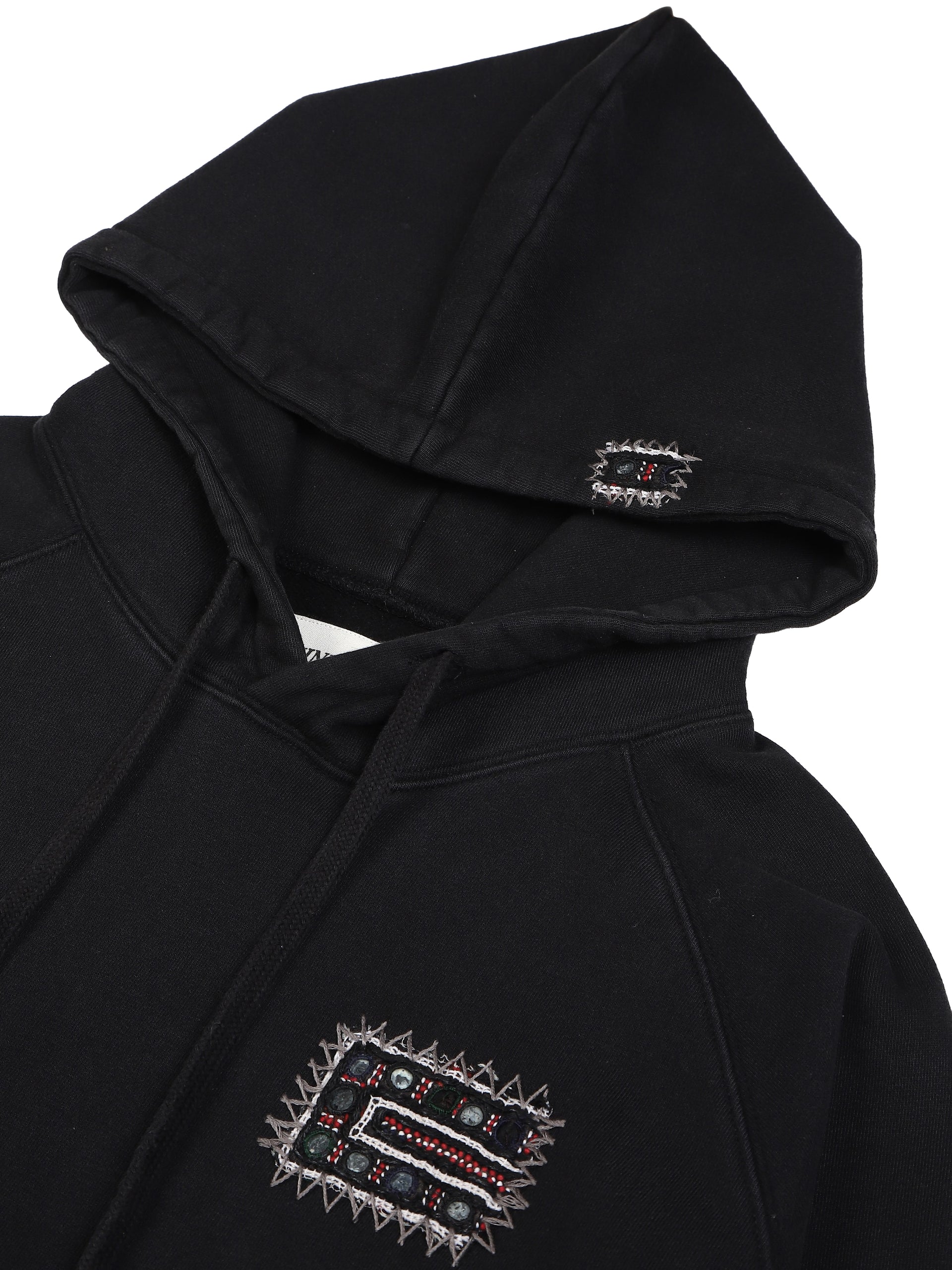 Banjara vintage hoodie embroidery detail close-up – artisan menswear Indian handloom Kantha jackets by Hindostan Archive