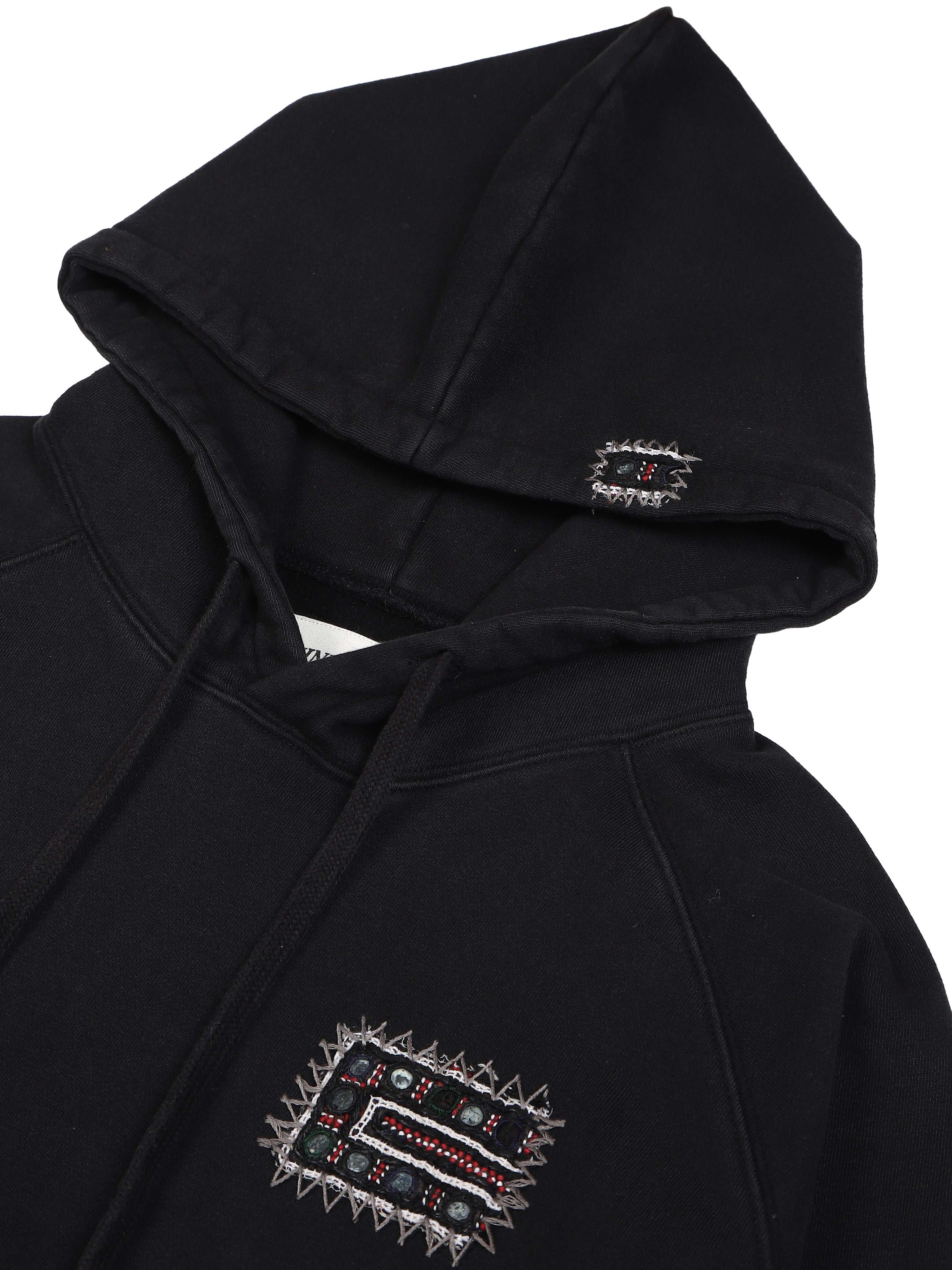 Banjara vintage hoodie embroidery detail close-up – artisan menswear Indian handloom Kantha jackets by Hindostan Archive