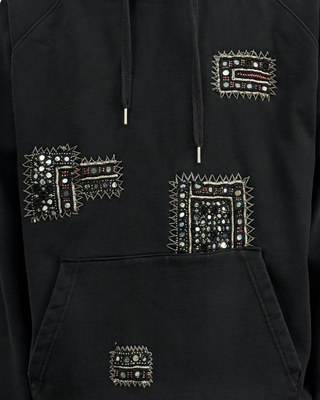Banjara vintage hoodie front patches detail – hand-embroidered artisan menswear Indian handloom Kantha jackets by Hindostan Archive