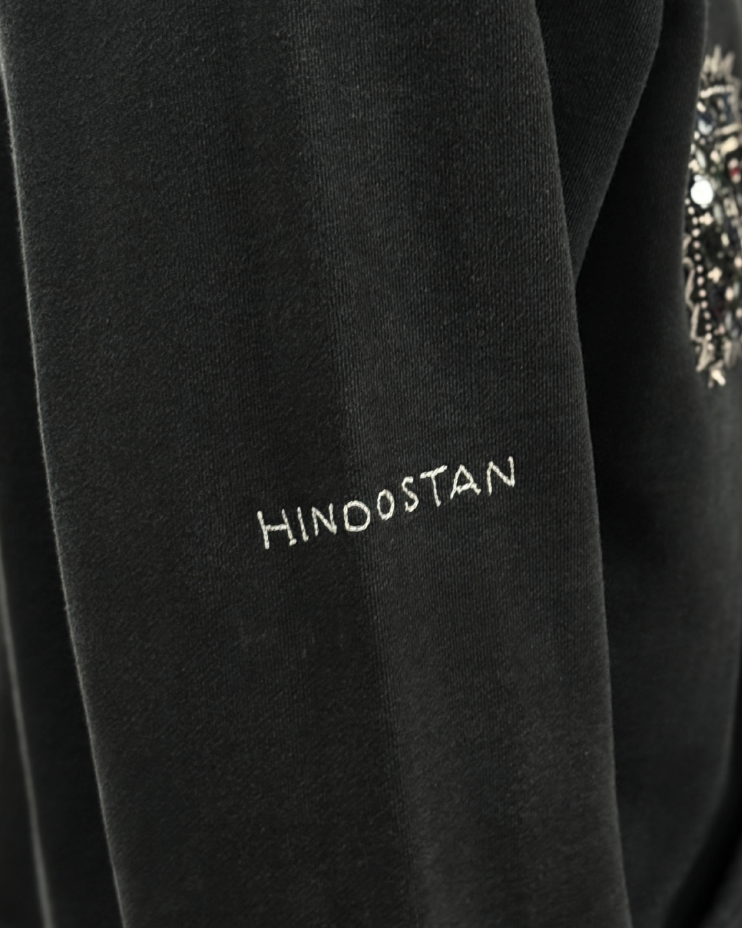 Banjara vintage hoodie Hindostan sleeve embroidery detail – artisan menswear Indian handloom Kantha jackets by Hindostan Archive