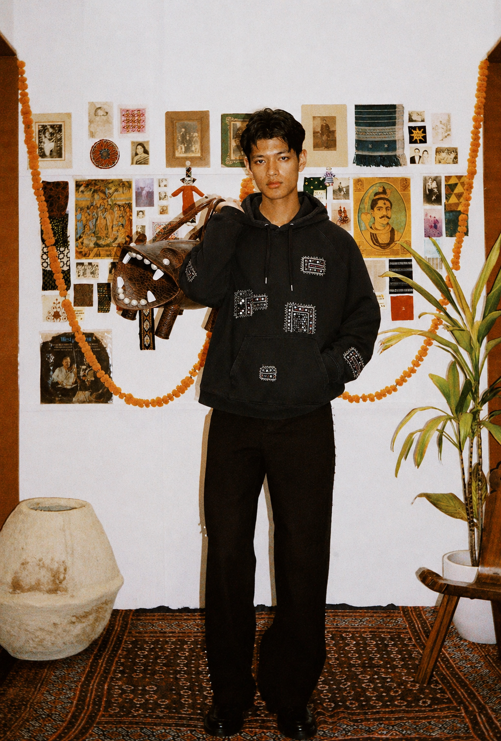 Banjara vintage hoodie lifestyle shot – hand-embroidered artisan menswear Indian handloom clothing by Hindostan Archive