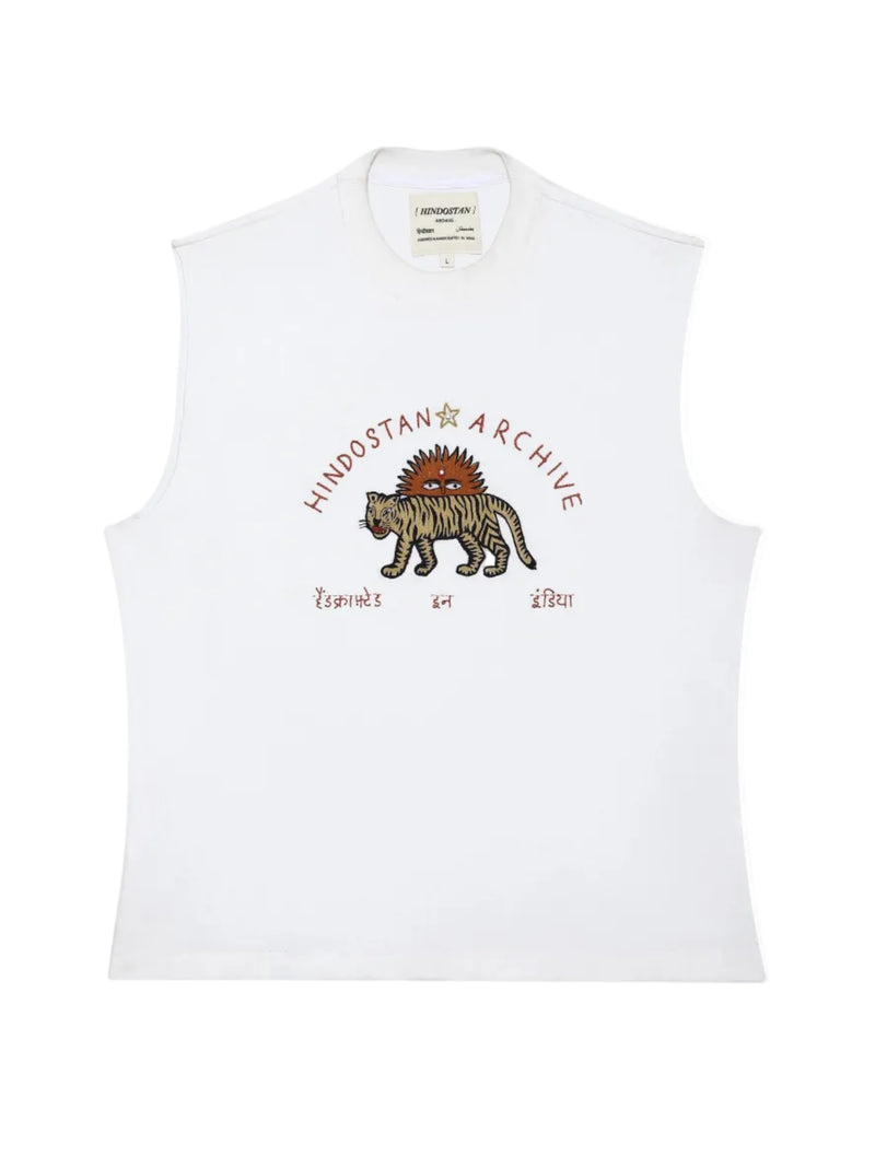 Bengal Tiger tank top front view – distressed tiger graphic sleeveless vest – artisan menswear Indian handloom clothing by Hindostan Archive