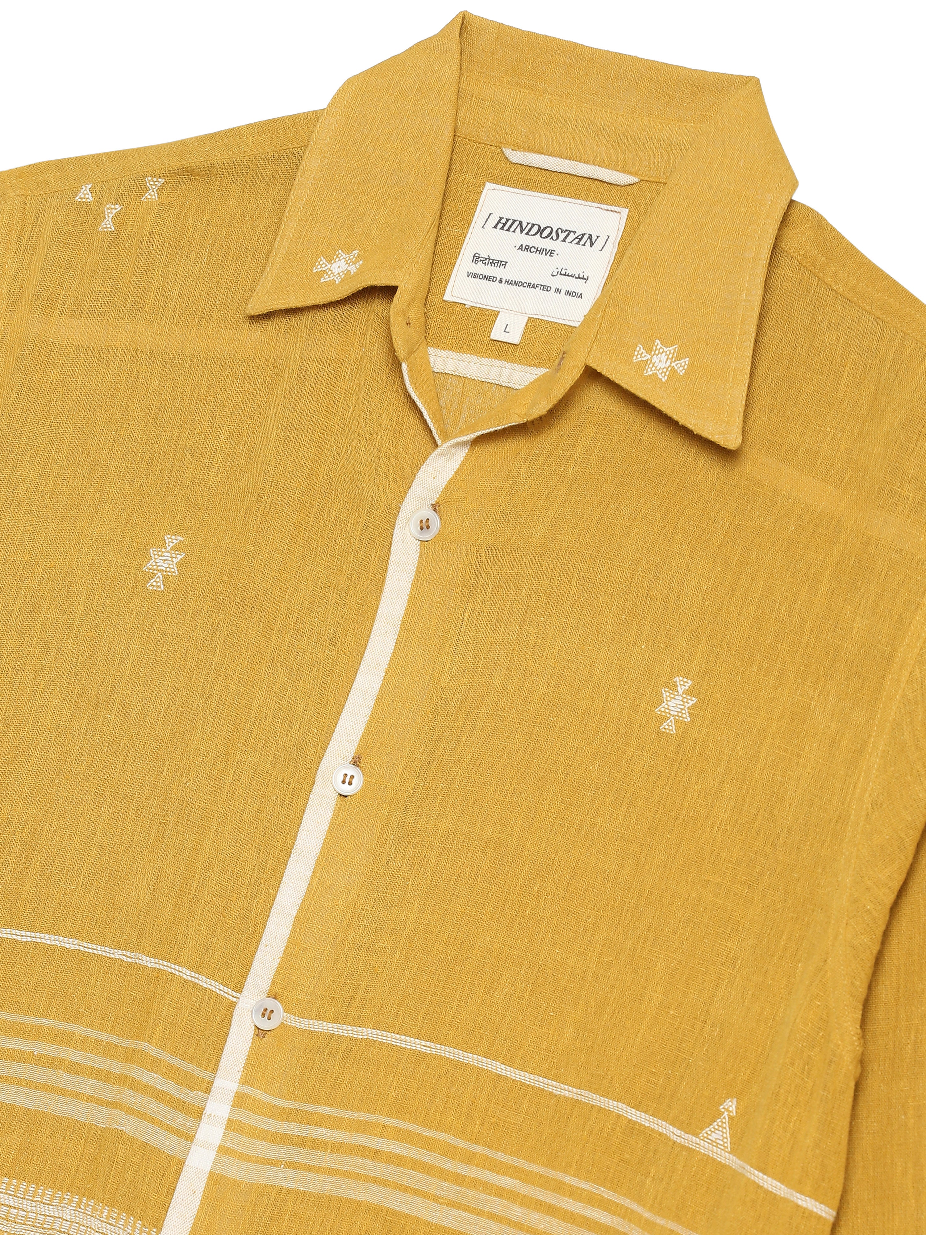 Bhujodi mustard handwoven fringe shirt close-up of handwoven fabric and fringe detail – artisan menswear Indian handloom clothing by Hindostan Archive