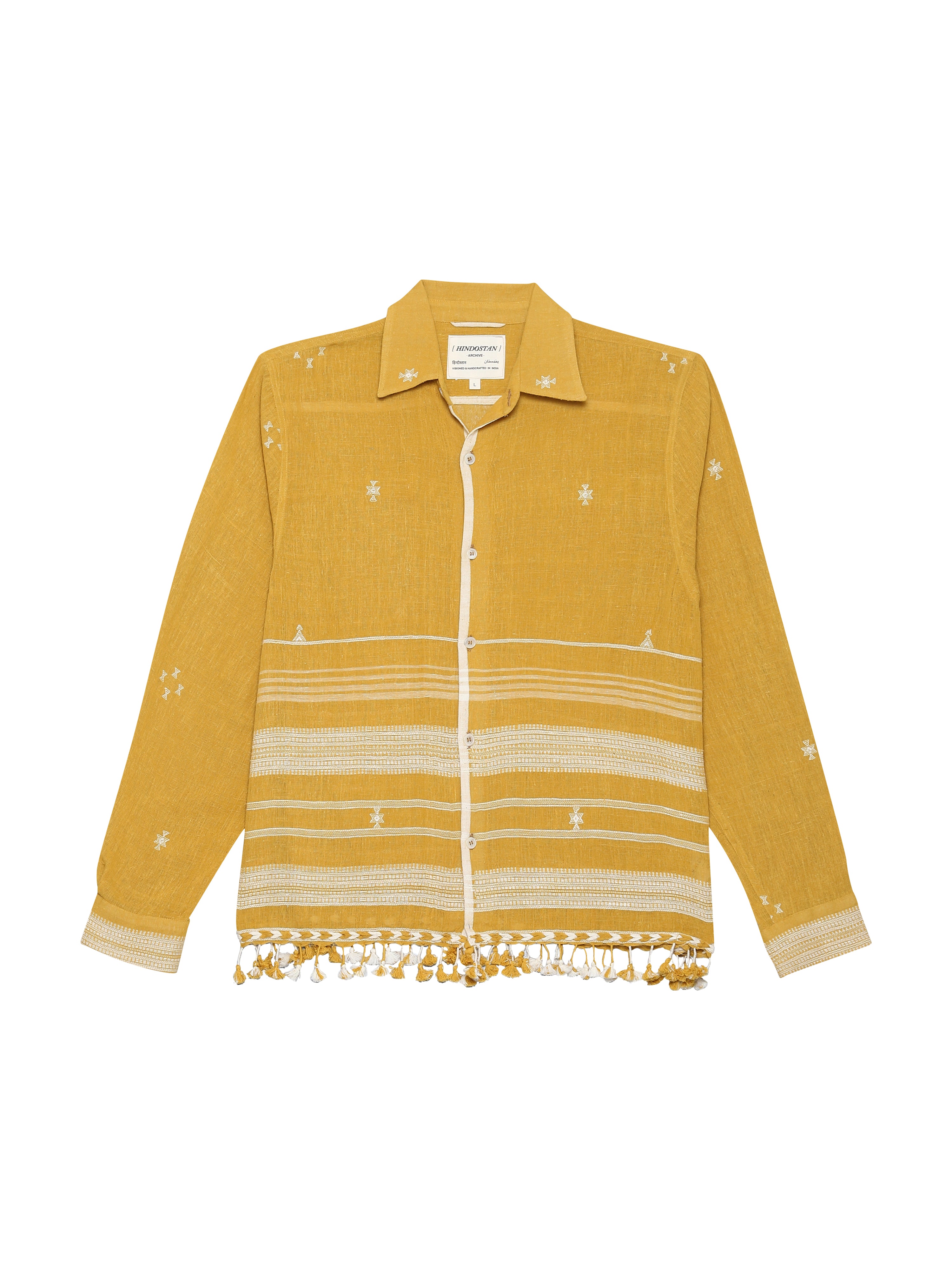 Bhujodi mustard handwoven fringe shirt front view – handwoven shirts with natural dyed Indian handloom fabric – artisan menswear by Hindostan Archive