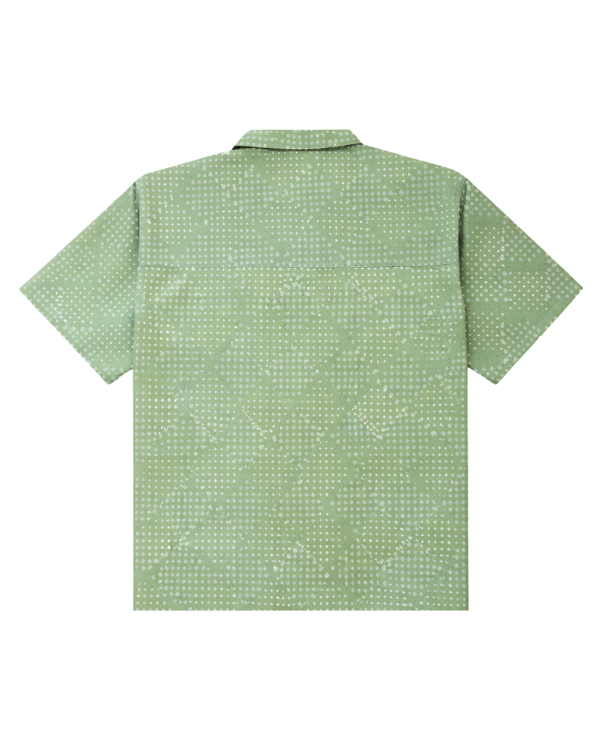 Back view of BINDU Ajrakh green hand block printed camp collar shirt – Hindostan Archive
