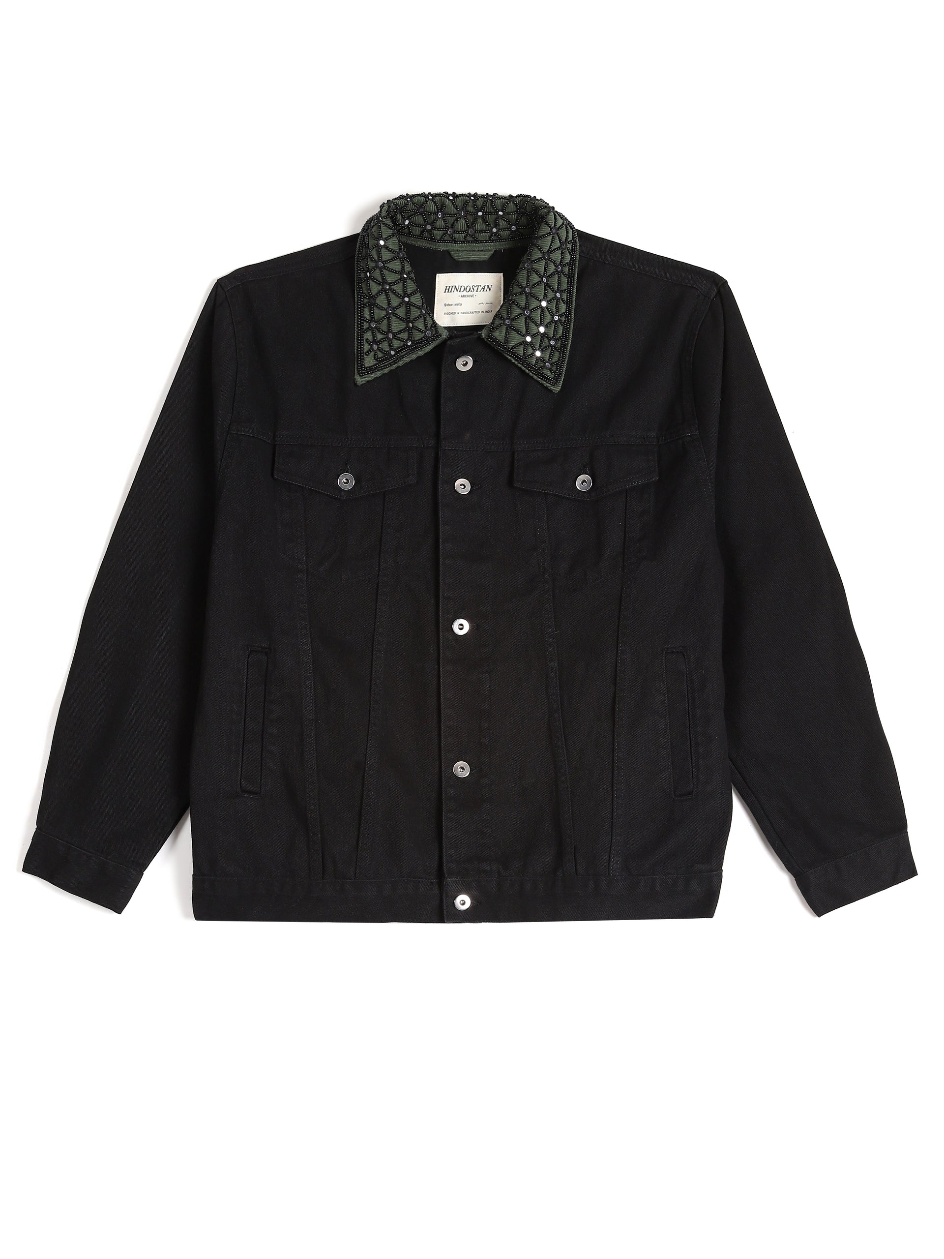 Black denim jacket with hand-embroidered mirror collar front view – natural dyed artisan menswear by Hindostan Archive