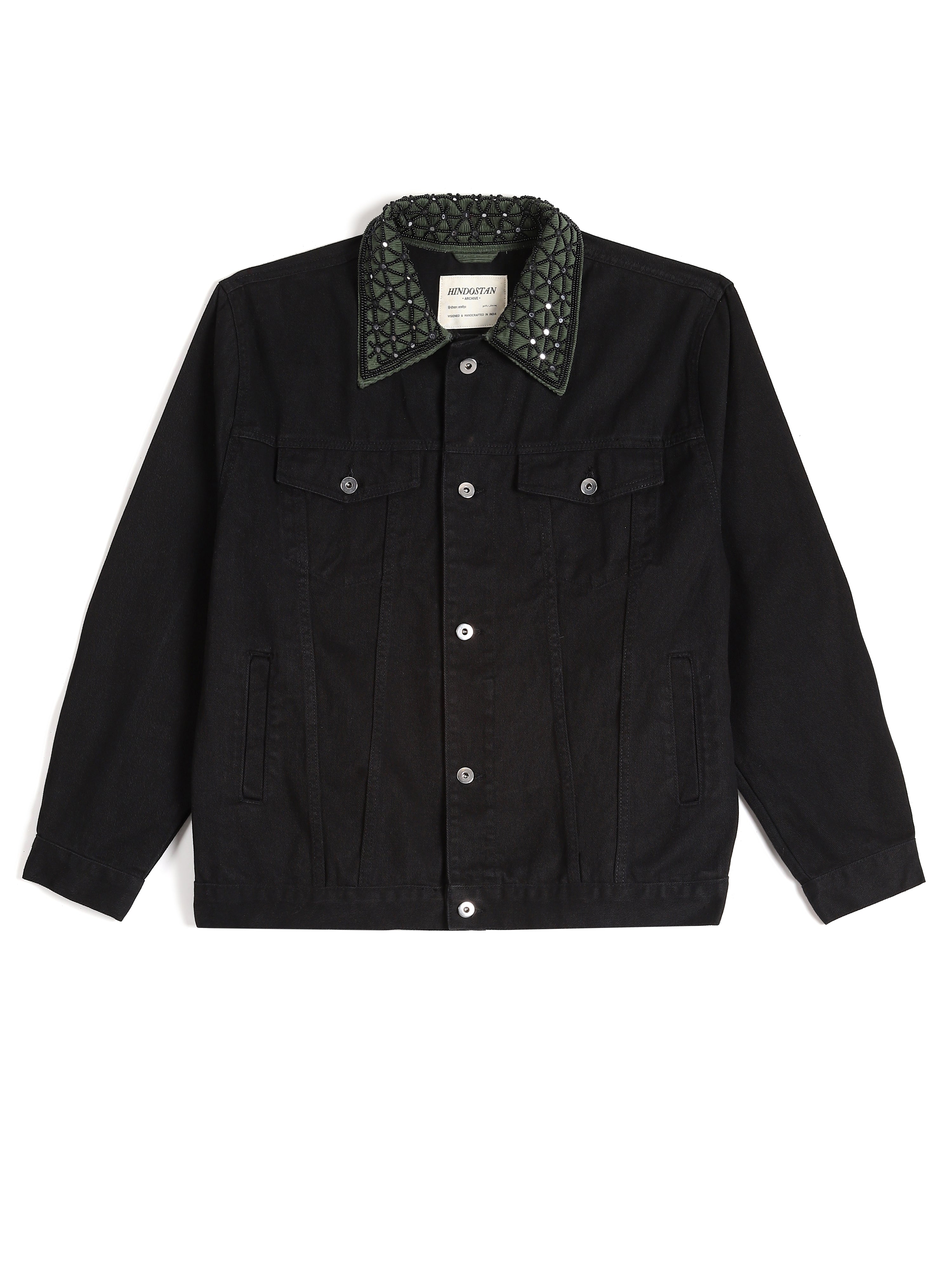 Black denim jacket with hand-embroidered mirror collar front view – natural dyed artisan menswear by Hindostan Archive