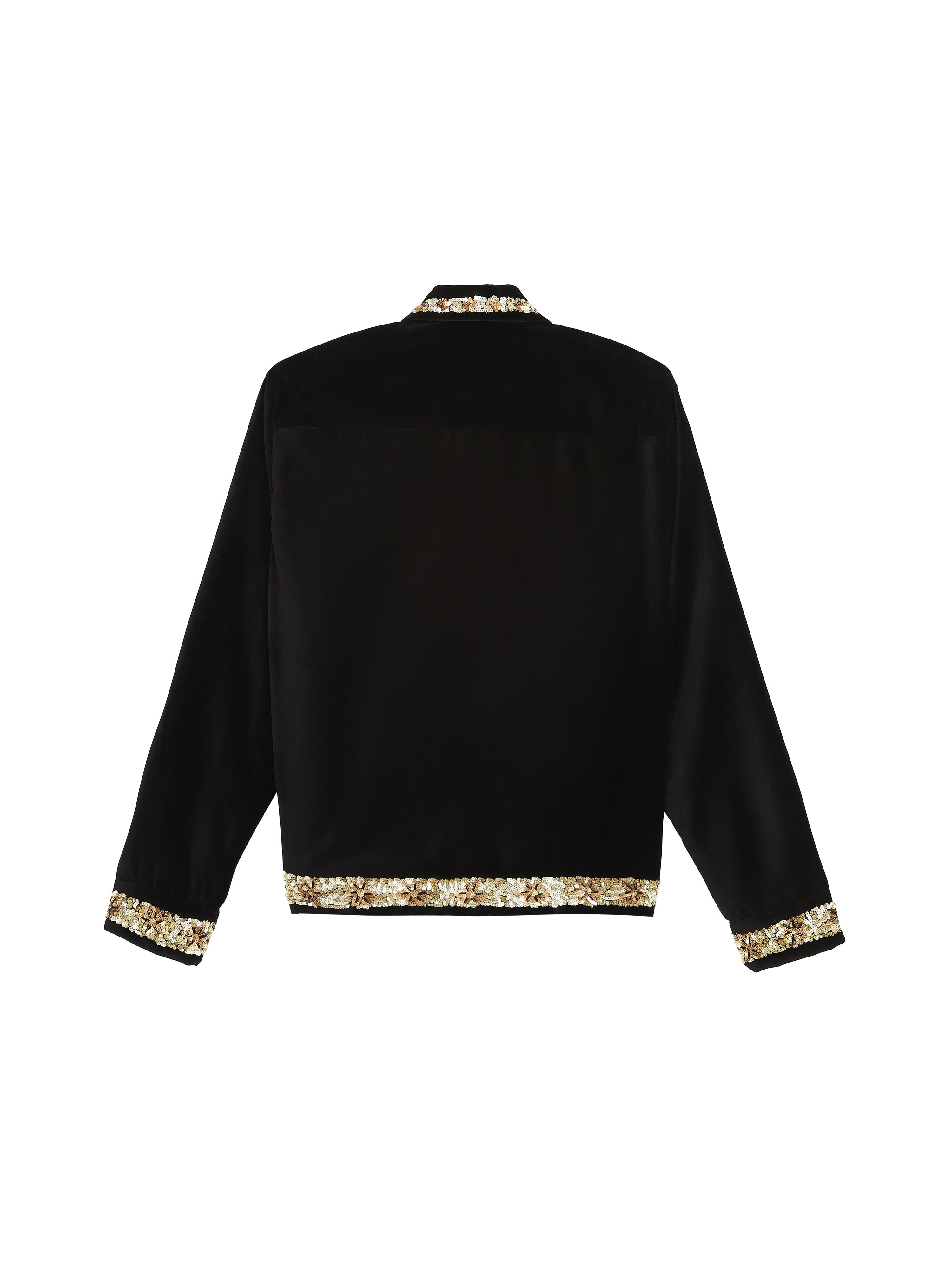 Black velvet jacket back view with sequin hem embroidery – artisan menswear Indian handloom clothing by Hindostan Archive