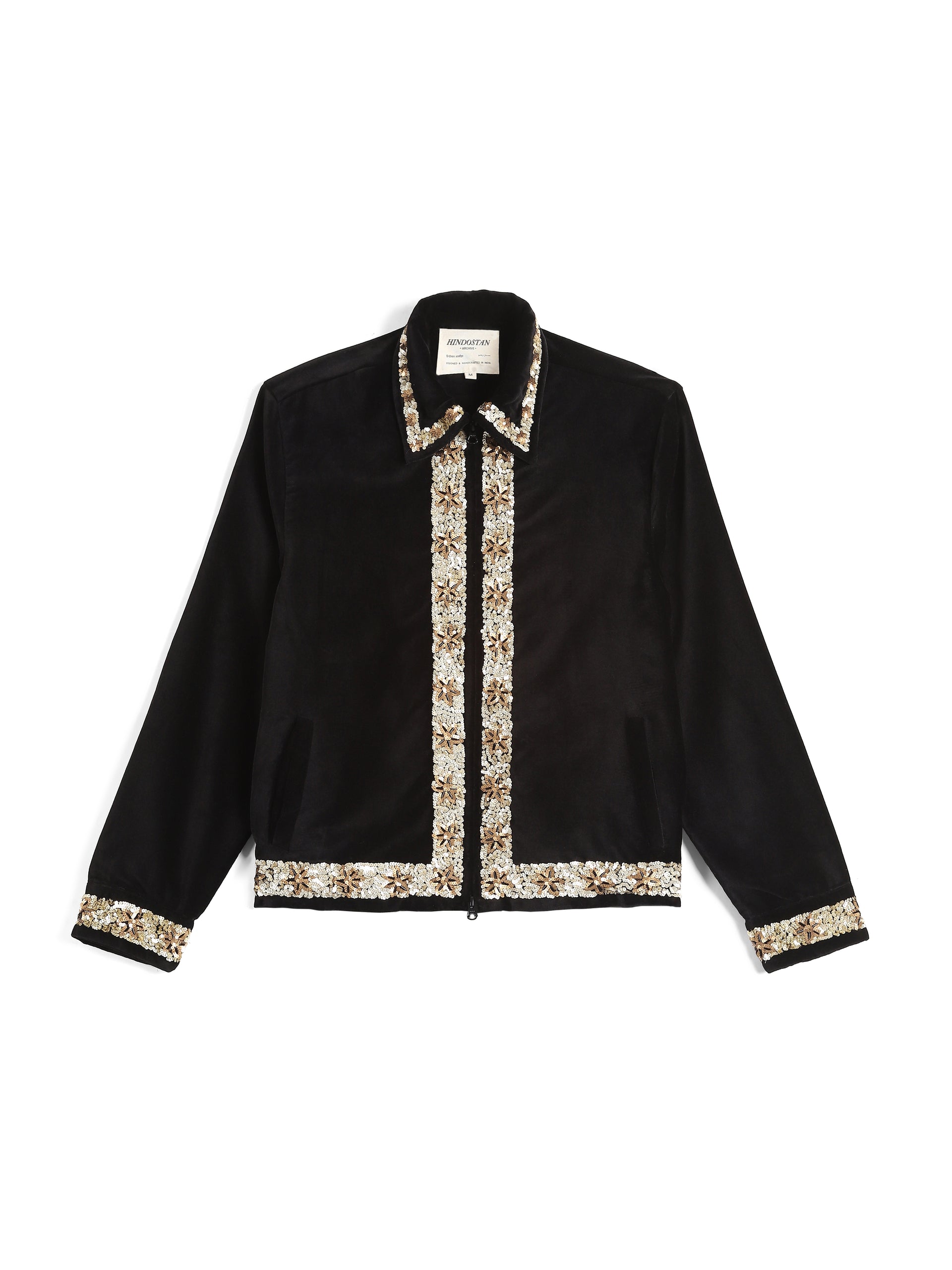 Black velvet jacket with hand-embroidered sequin floral borders – artisan menswear Indian handloom clothing by Hindostan Archive