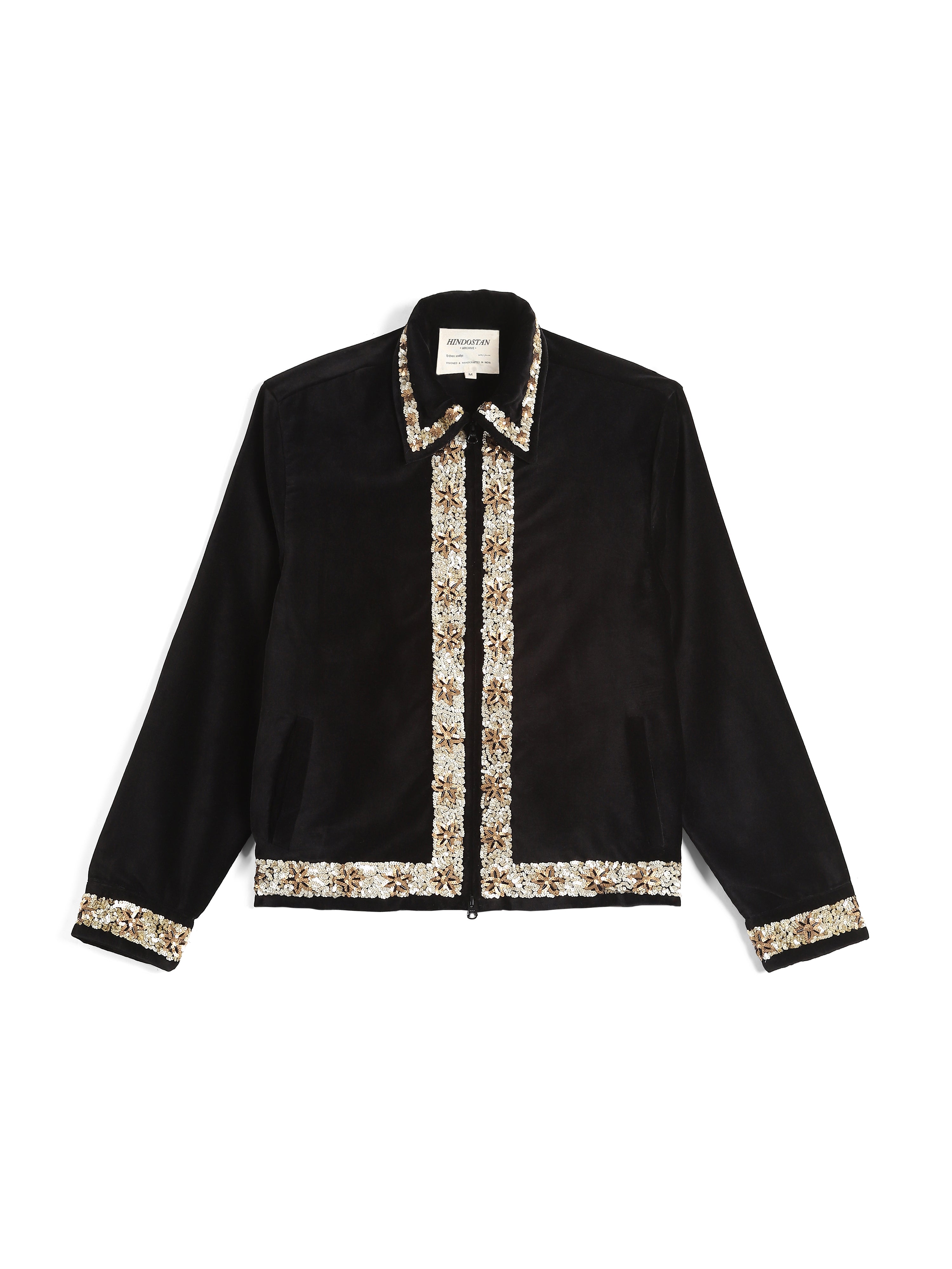 Black velvet jacket with hand-embroidered sequin floral borders – artisan menswear Indian handloom clothing by Hindostan Archive