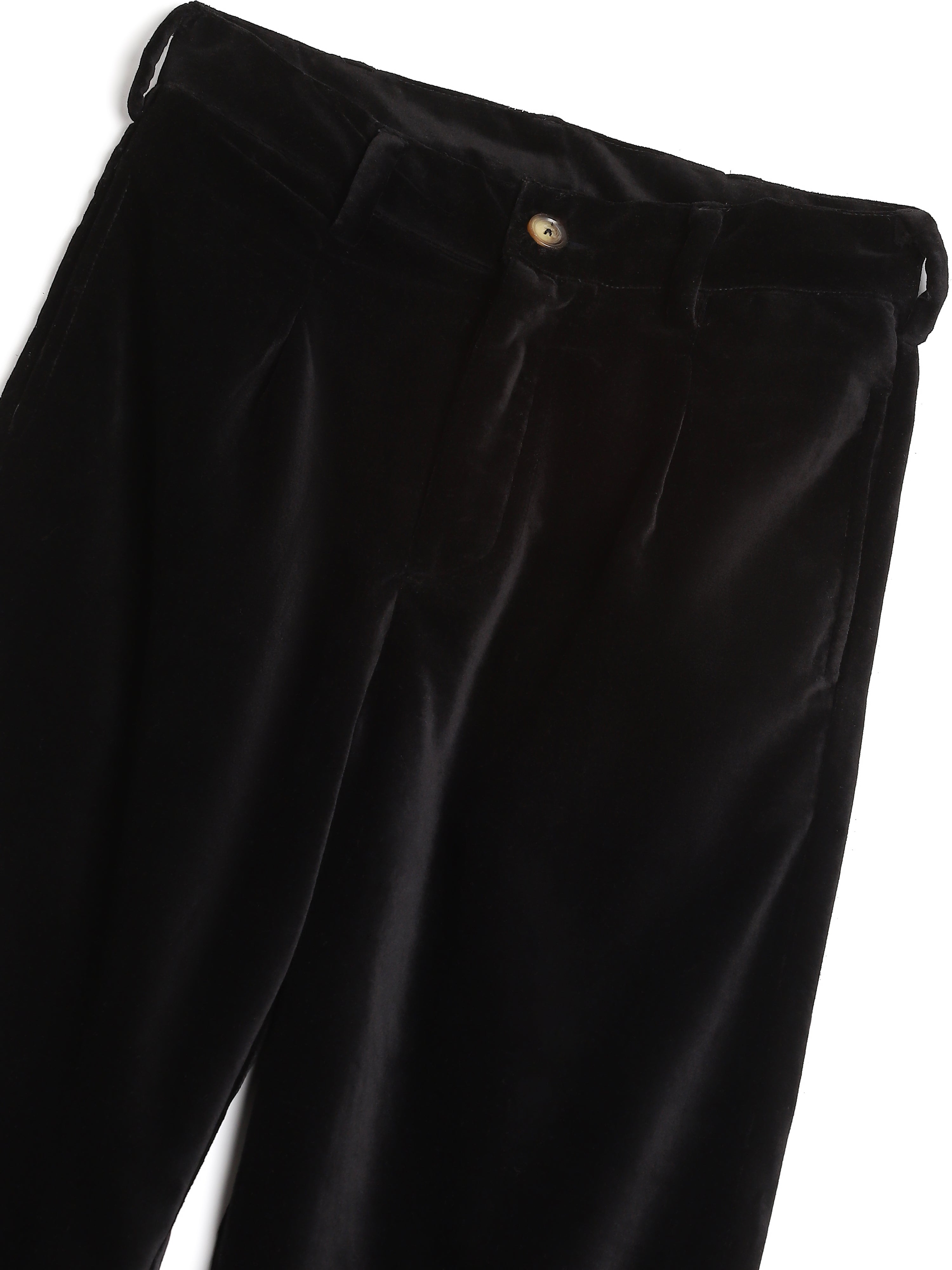 Black velvet trousers waistband close-up – artisan menswear Indian handloom clothing by Hindostan Archive