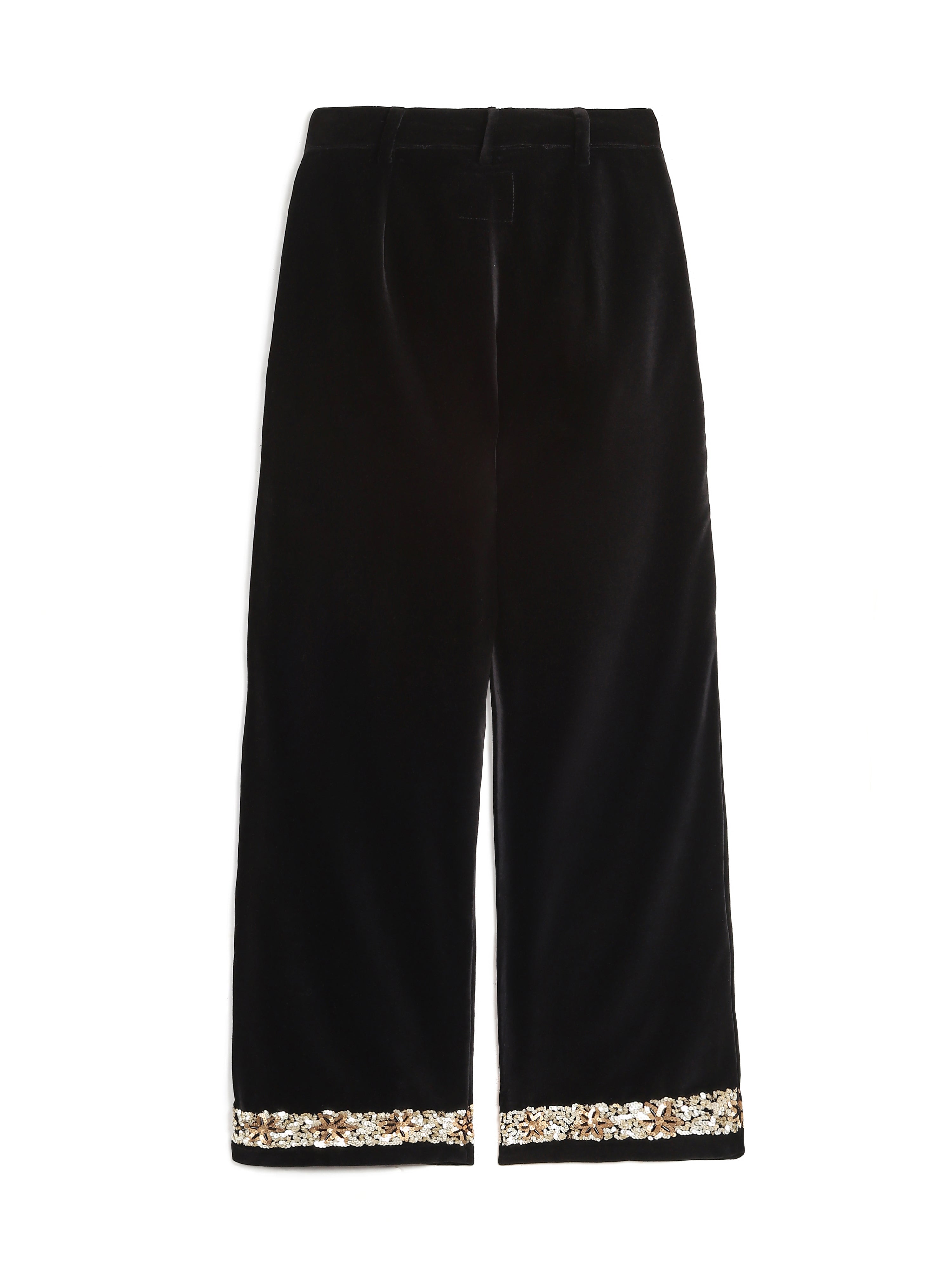 Black velvet trousers front view with sequin hem – artisan menswear Indian handloom clothing by Hindostan Archive