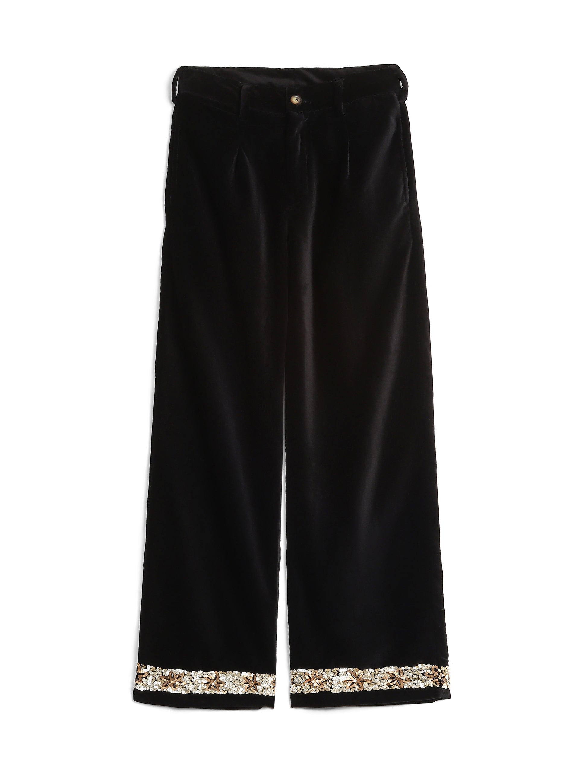 Black velvet trousers with hand-embroidered sequin hem – artisan menswear Indian handloom clothing by Hindostan Archive