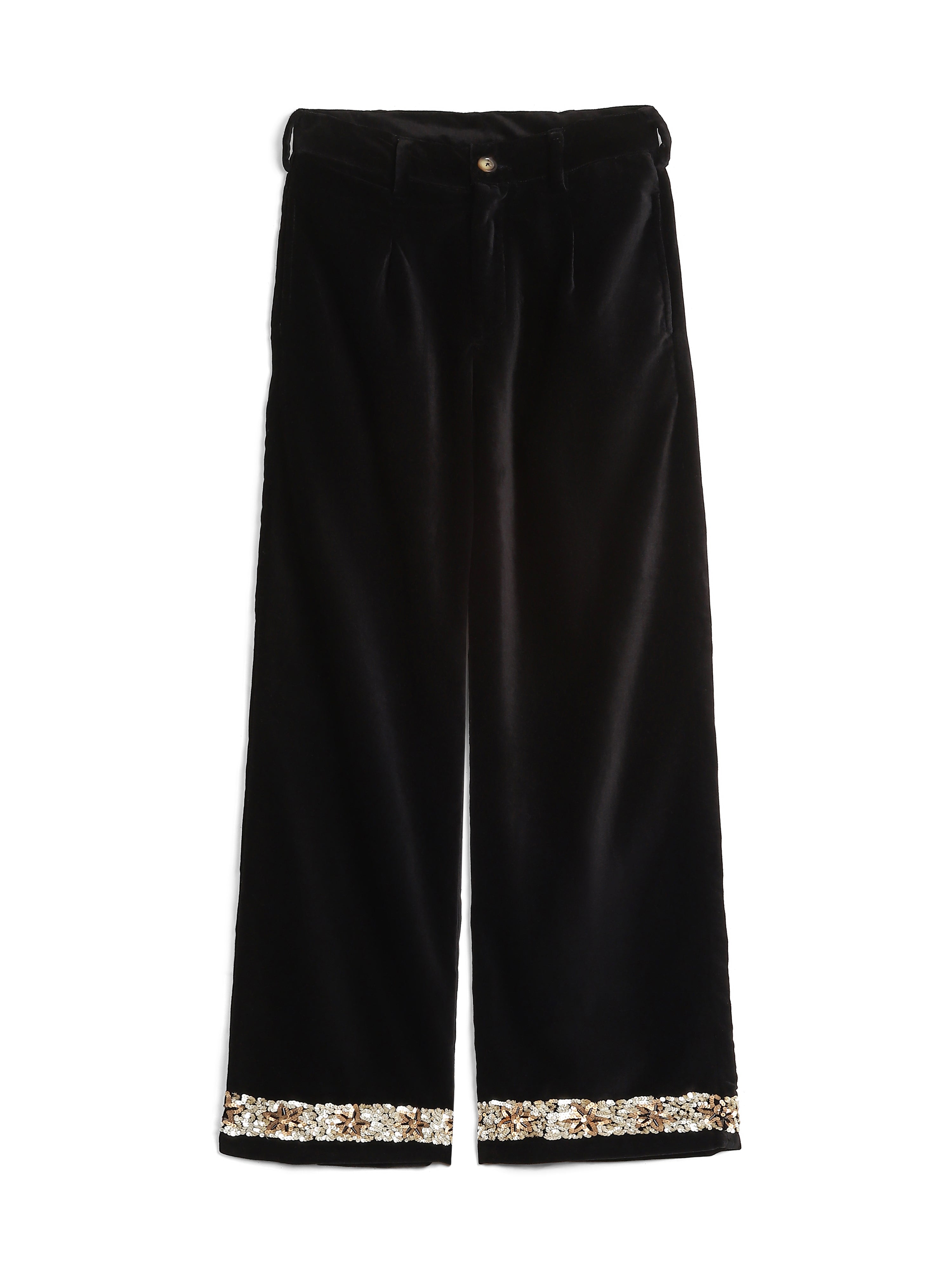 Black velvet trousers with hand-embroidered sequin hem – artisan menswear Indian handloom clothing by Hindostan Archive