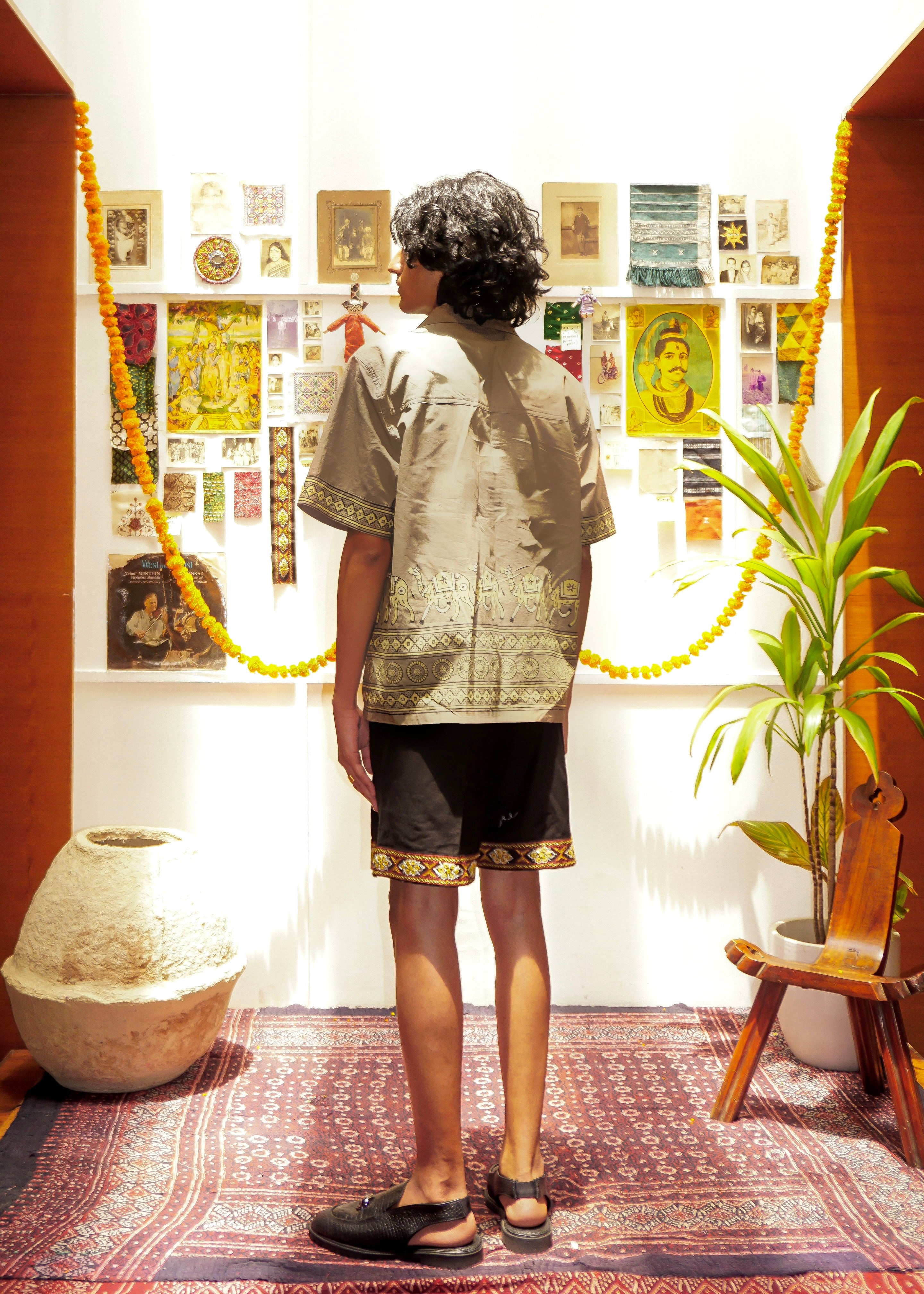 Camel handblocked shirt back view – hand block printed shirt natural dyed Ajrakh clothing – artisan menswear Indian handloom clothing by Hindostan Archive