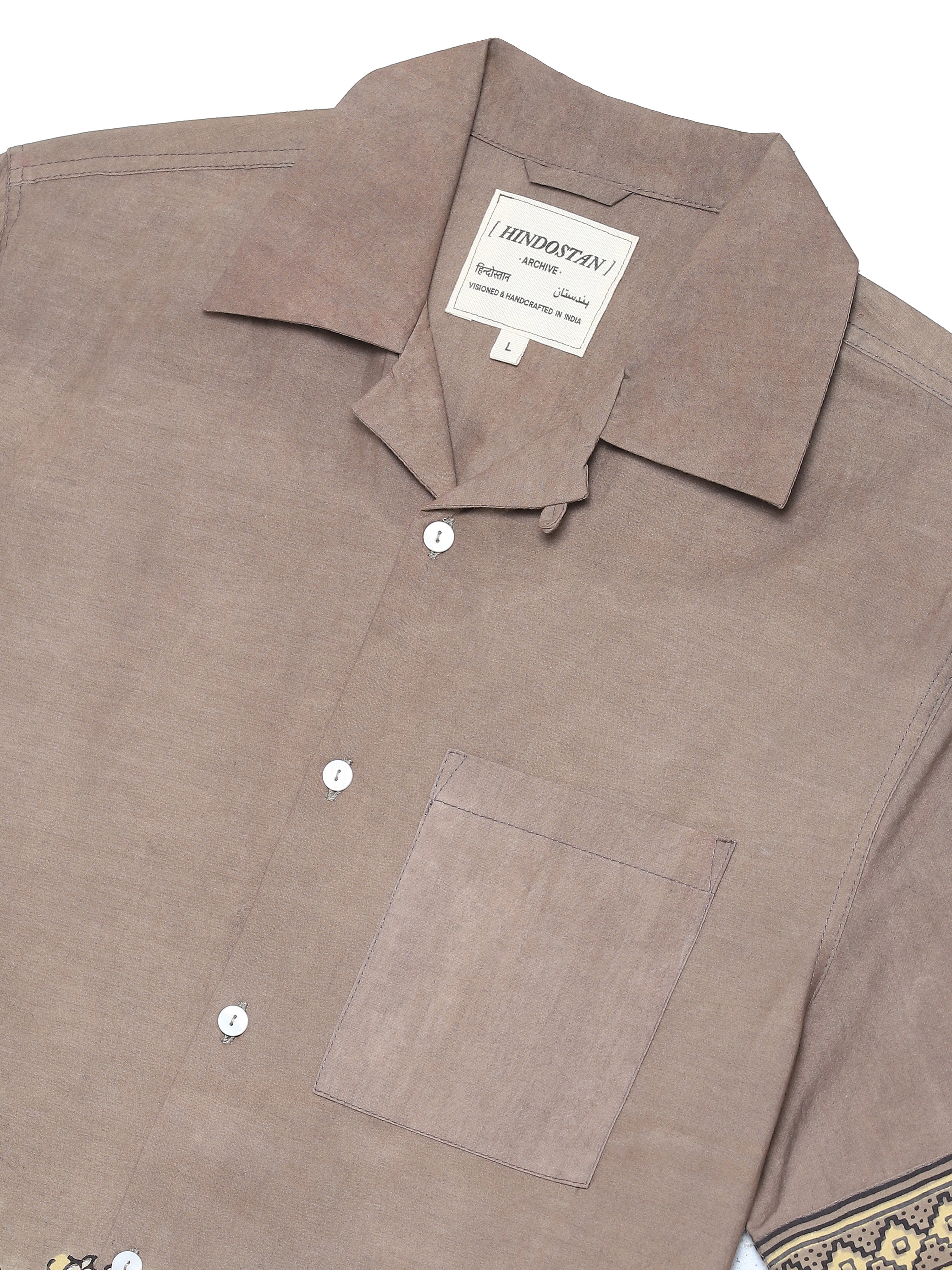 Camel handblocked shirt close-up of hand block printed fabric with natural dye – Ajrakh clothing artisan menswear Indian handloom by Hindostan Archive