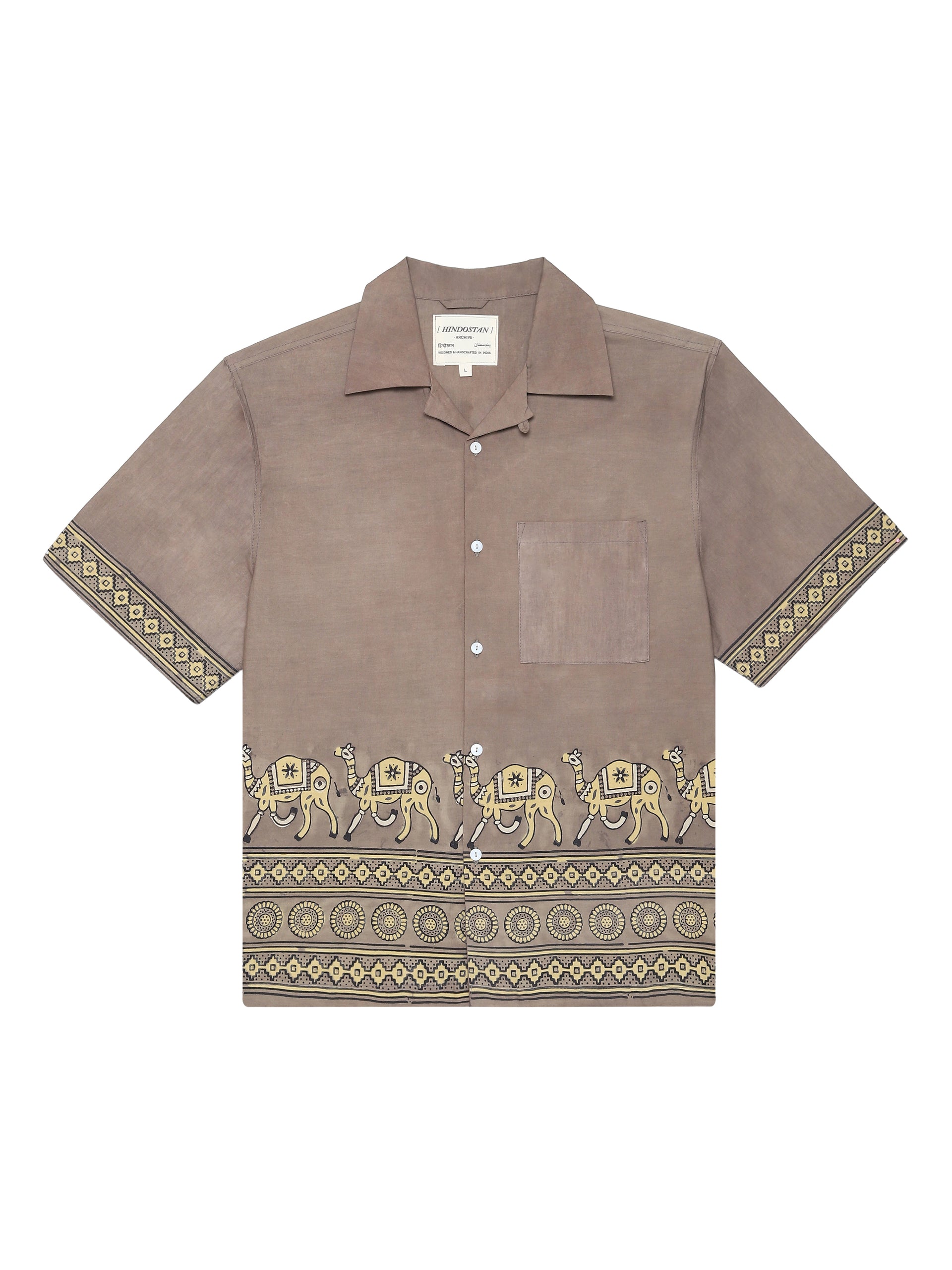 Camel handblocked shirt front view – hand block printed shirt natural dyed Ajrakh clothing – artisan menswear Indian handloom clothing by Hindostan Archive