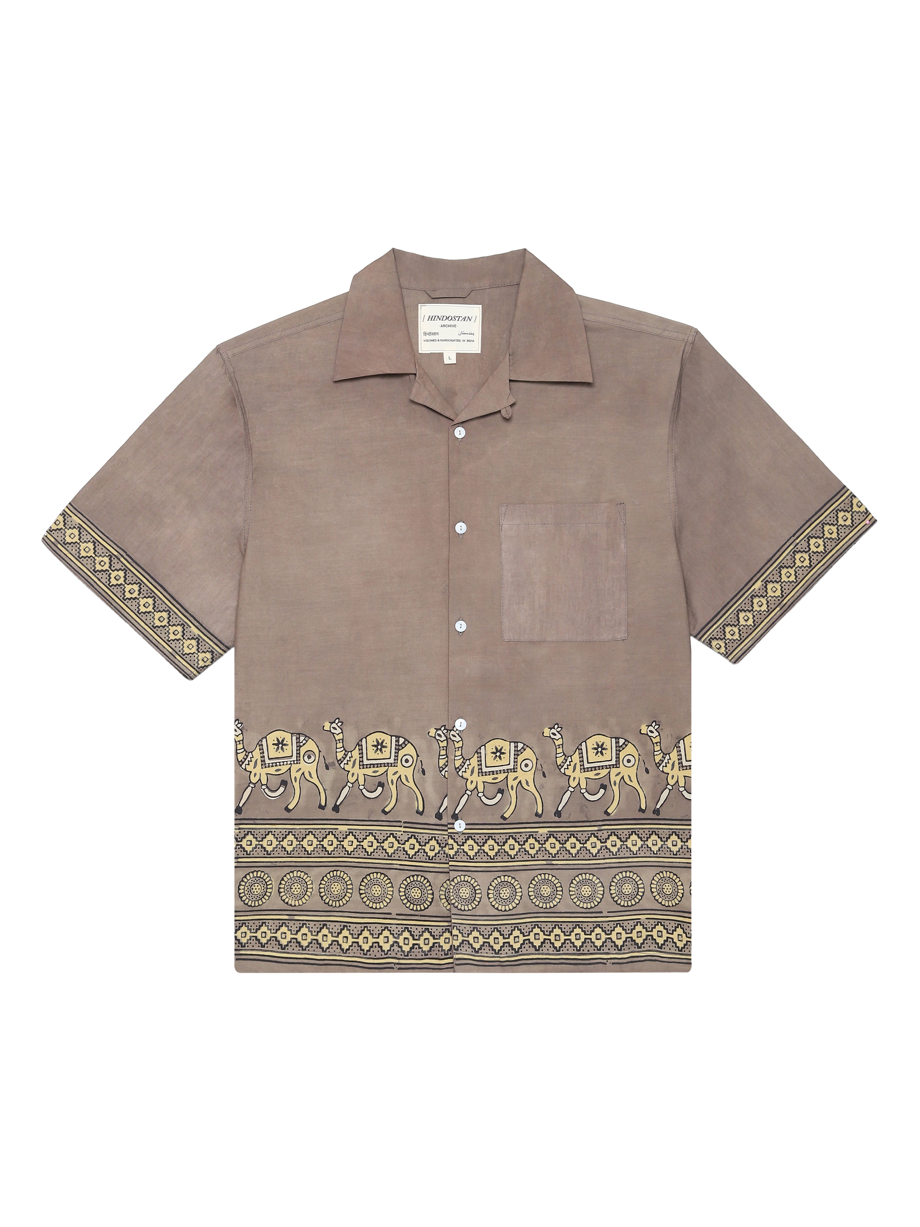 Camel handblocked shirt front view – hand block printed shirt natural dyed Ajrakh clothing – artisan menswear Indian handloom clothing by Hindostan Archive