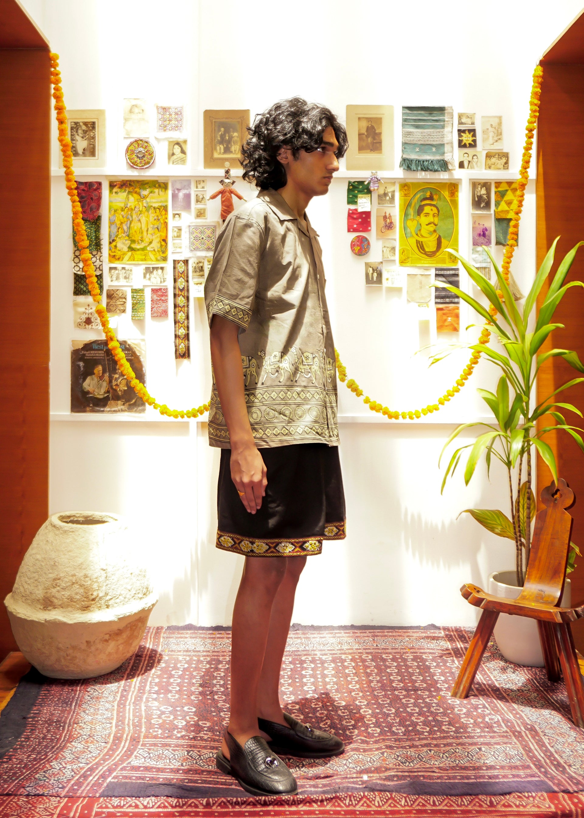 Model wearing camel handblocked shirt – hand block printed shirt natural dyed Ajrakh clothing – artisan menswear Indian handloom by Hindostan Archive