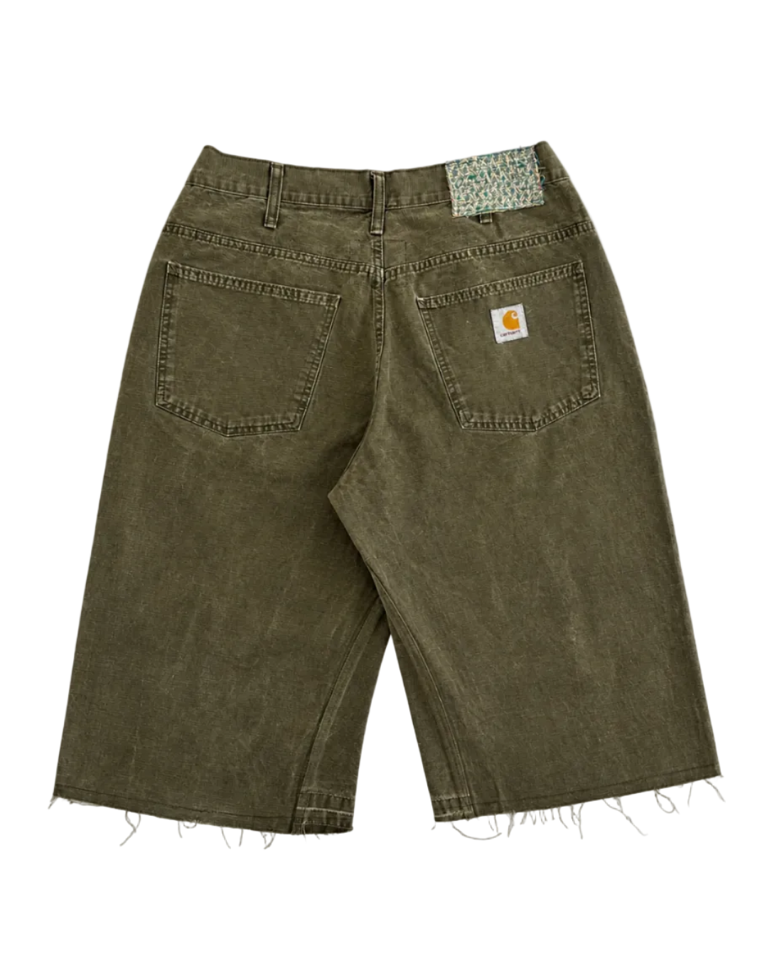 Carhartt upcycled denim jorts with Zardozi hand embroidery back view – artisan menswear Indian embroidery by Hindostan Archive