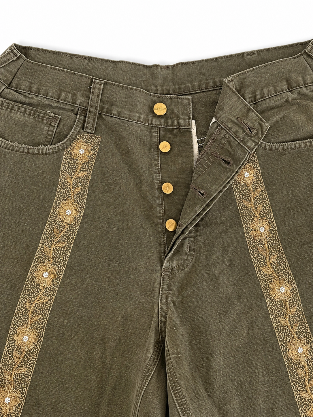 Waist and button detail of Carhartt upcycled denim jorts with Zardozi hand embroidery – artisan menswear by Hindostan Archive