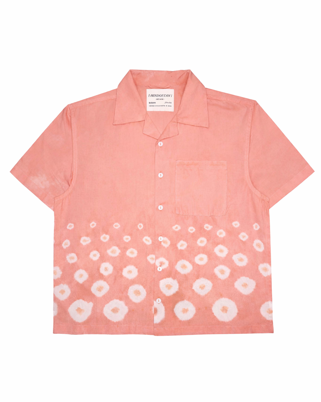 Coral Bandhani tie-dye cotton camp shirt front view – natural dyed handwoven artisan menswear by Hindostan Archive